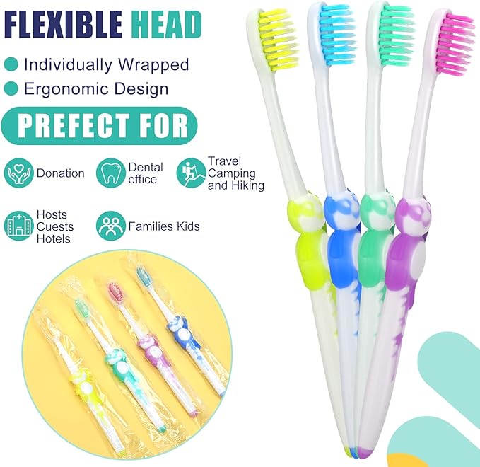 Bokon 100 Pcs Toothbrush for Kids Individually Wrapped Children Soft Disposable Manual Toothbrush Bulk Panda Travel with Bristle Rubber Handle for School Daycare Oral Hygiene