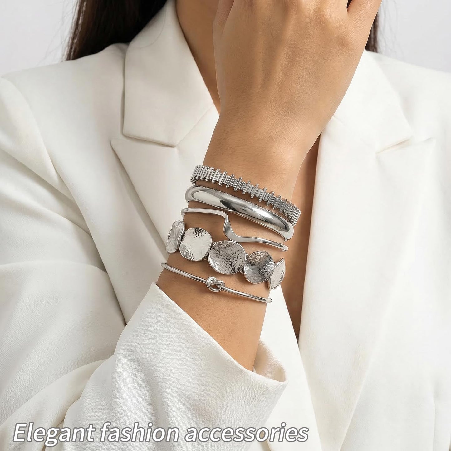 VEINARDYL Silver Bracelets set for Women, Silver Plated Bangles Cuff Bracelets Stack, Open Adjustable Bangles Fashion Accessories Jewelry Set for Gifts Birthday Valentines Day