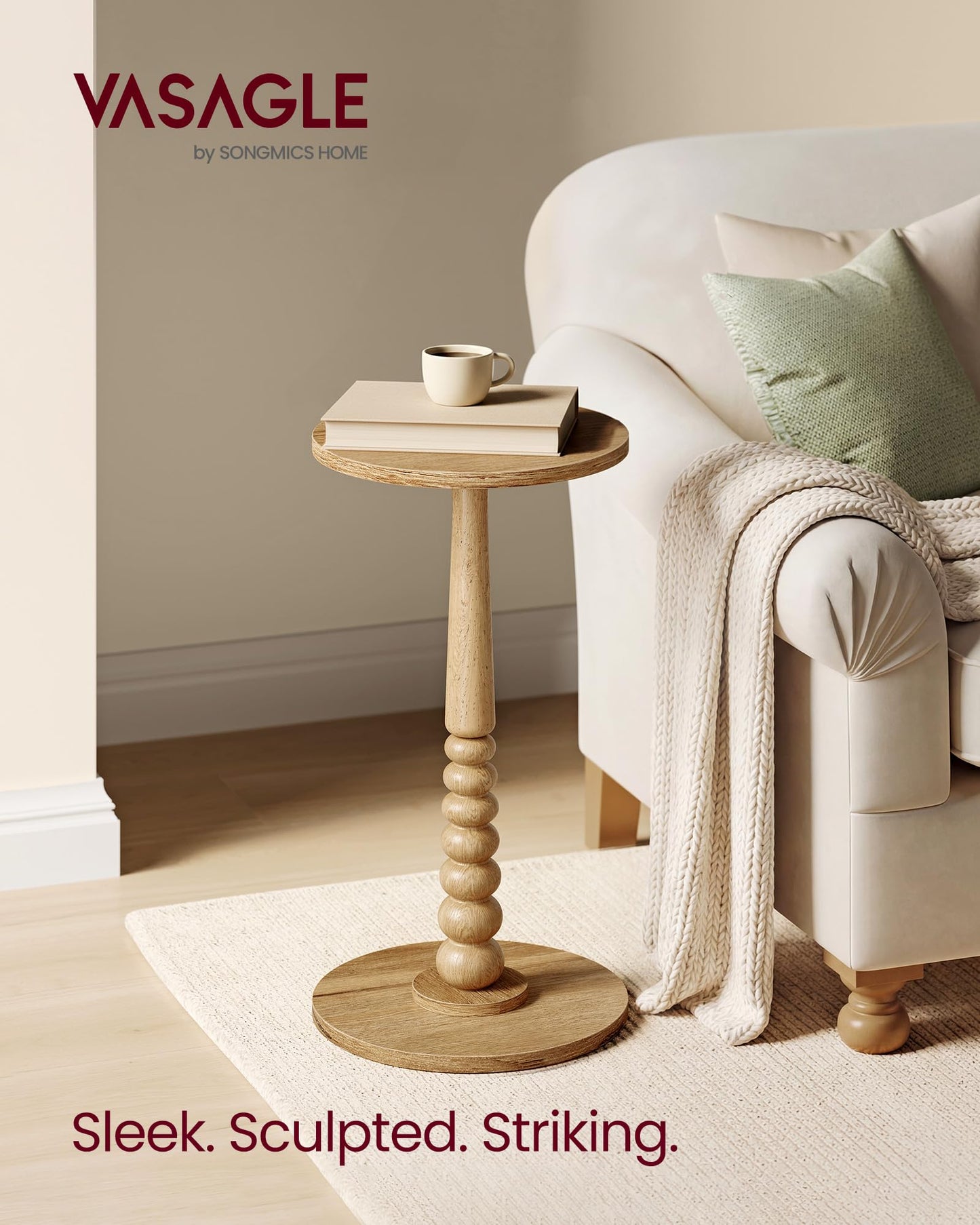 VASAGLE MARIEL Collection - Round Side Table, Small Drink End Table for Small Spaces, Accent Nightstand, Solid Wood Leg, Mid-Century Modern, for Living Room Bedroom, Natural Brown ULET293HC01S