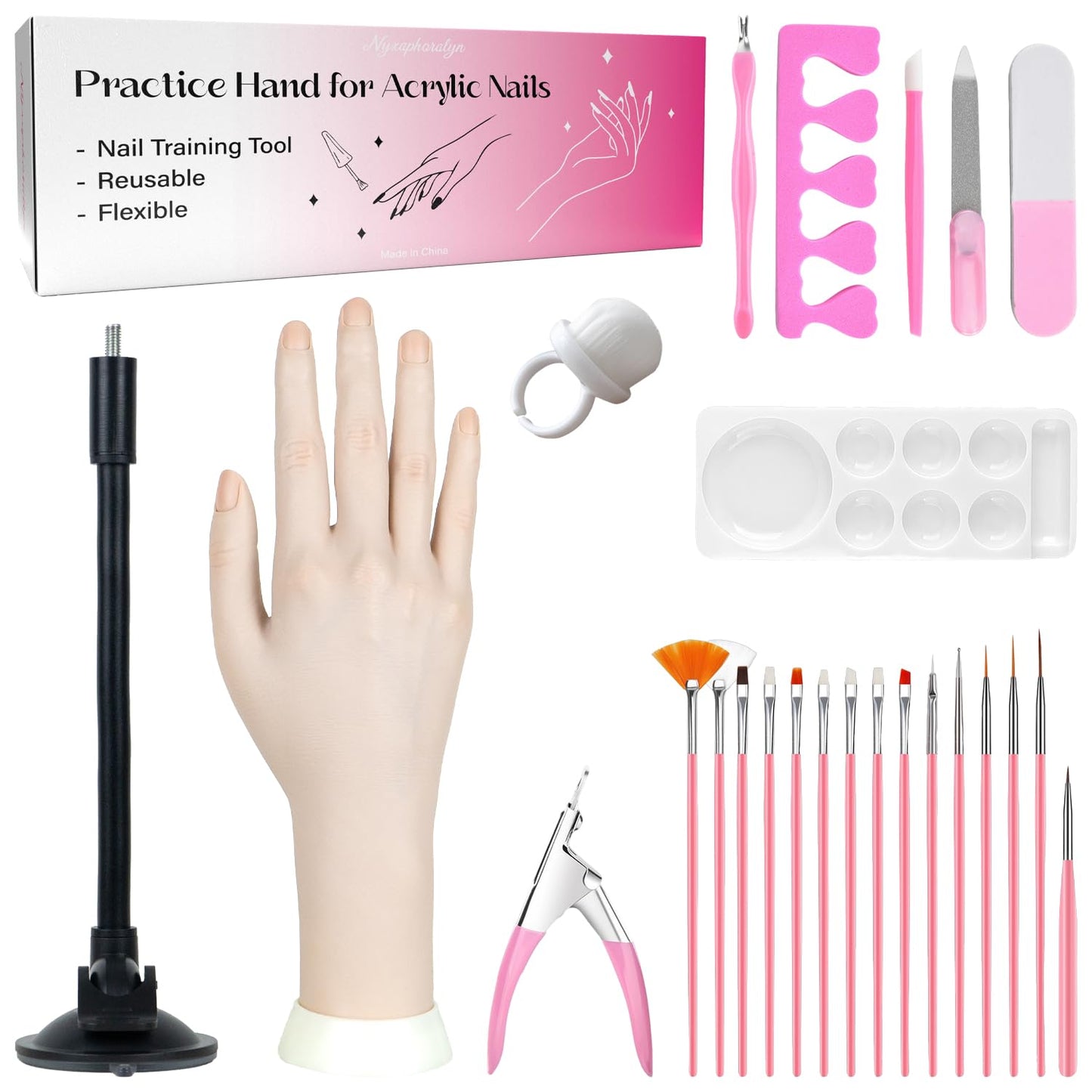 Practice Hand for Acrylic Nails, Flexible Bendable Fake Hand with Adjustable Stand, Nail Training Kit Mannequin Hand for Beginners & Nail Artists