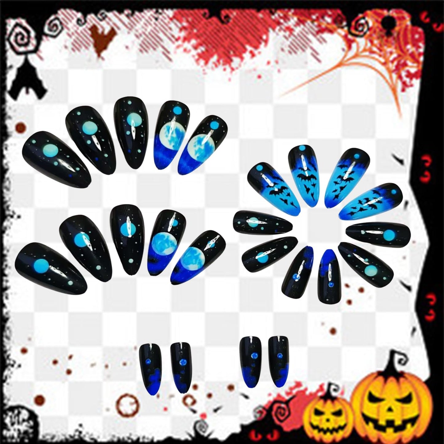 Almond Tip Halloween Press on Nails Long Horror Bat Moon Pattern Halloween Nail Full Cover Glossy Artificial Acrylic False Nail French Tip Blue Gradient Stick on Nails for Women Festival Decoration