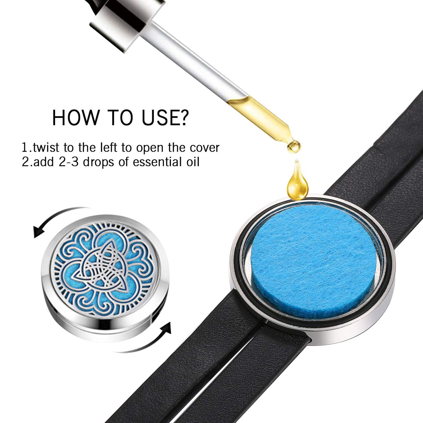 Essential Aromatherapy Oil Diffuser Locket Hollow Celtic Charm Leather Wrap Bracelet with 6 Color Pads,Size Adjustable,Black