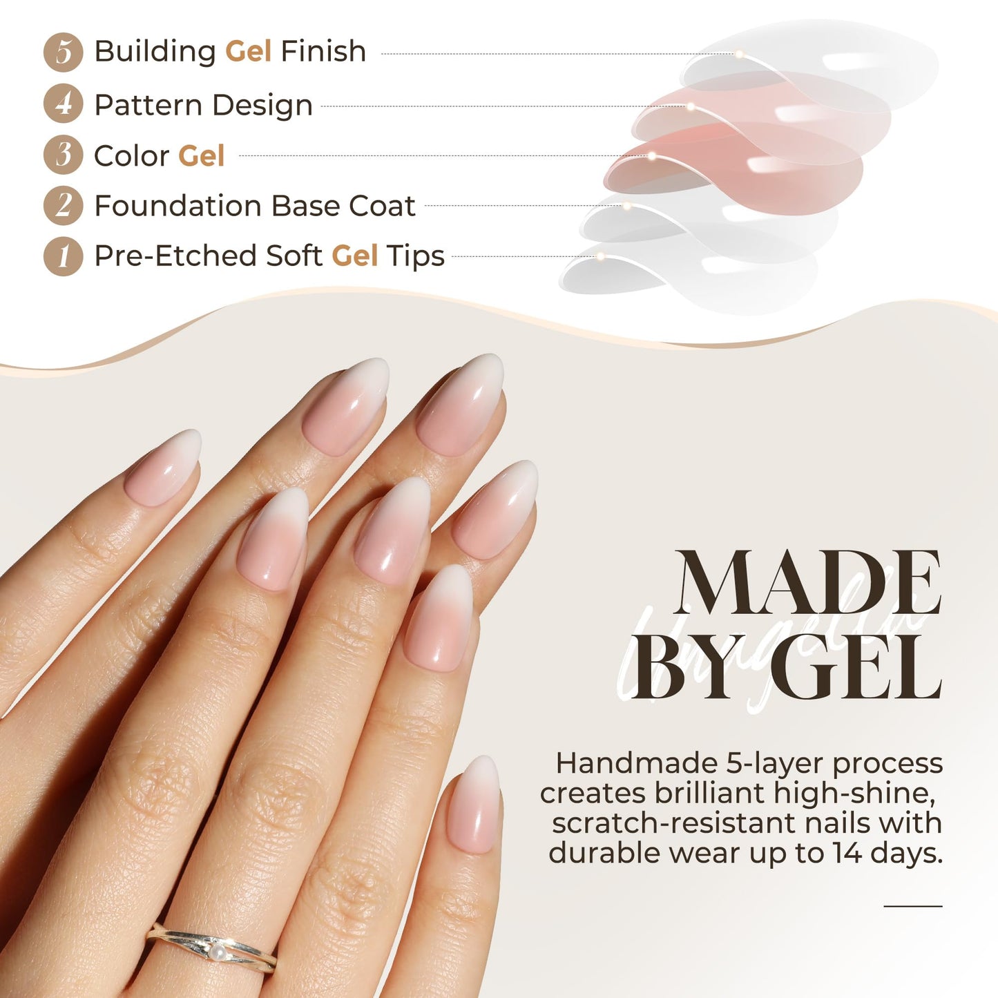 UNA GELLA Press On Nails Short Almond: Ombre Soft Gel Press Ons Kit with Nail Tips Glue on Nails, 16 Sizes - 32 Reusable Fake Nails, Pink Cream