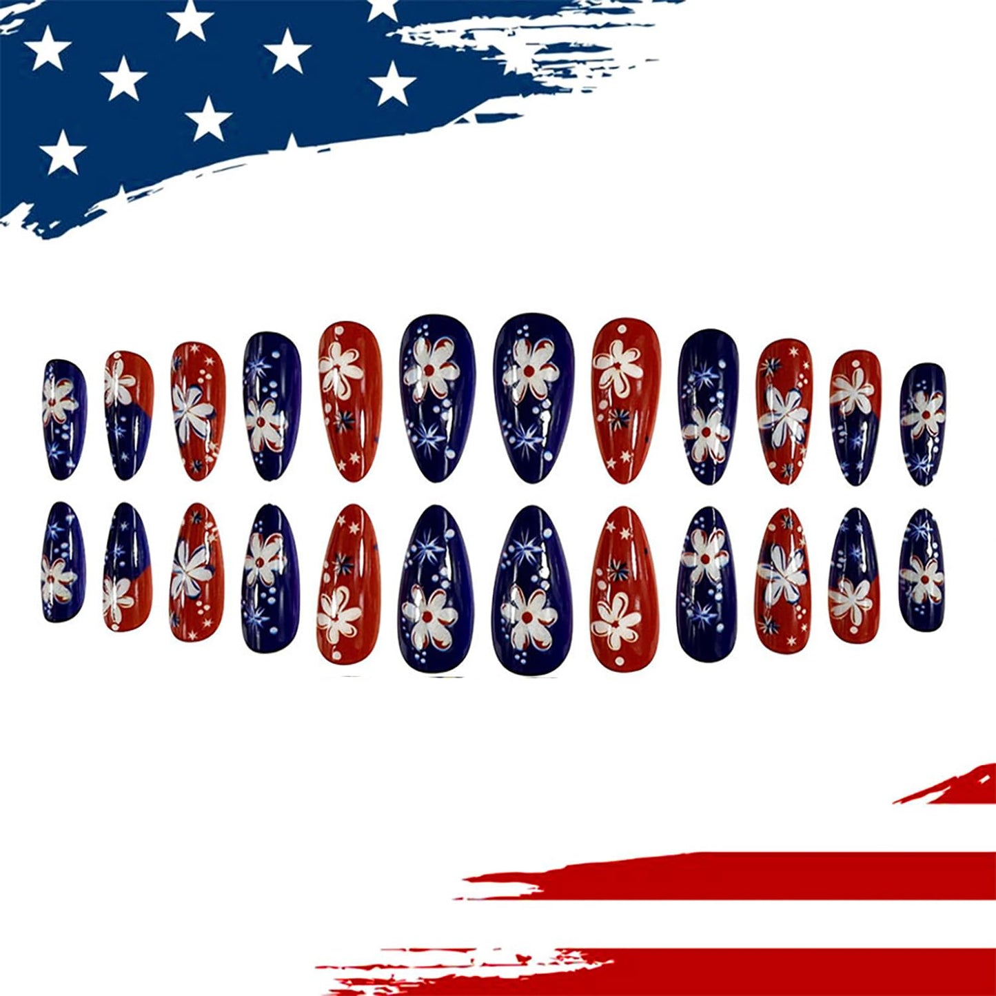 24Pcs July 4th Independence Day Almond Tip Press on Nails Medium Flower Pattern Design Patriotic False Nail Full Cover Glossy Press Ons Acrylic Artificial Fingernails Holiday Stick on Nail for Women