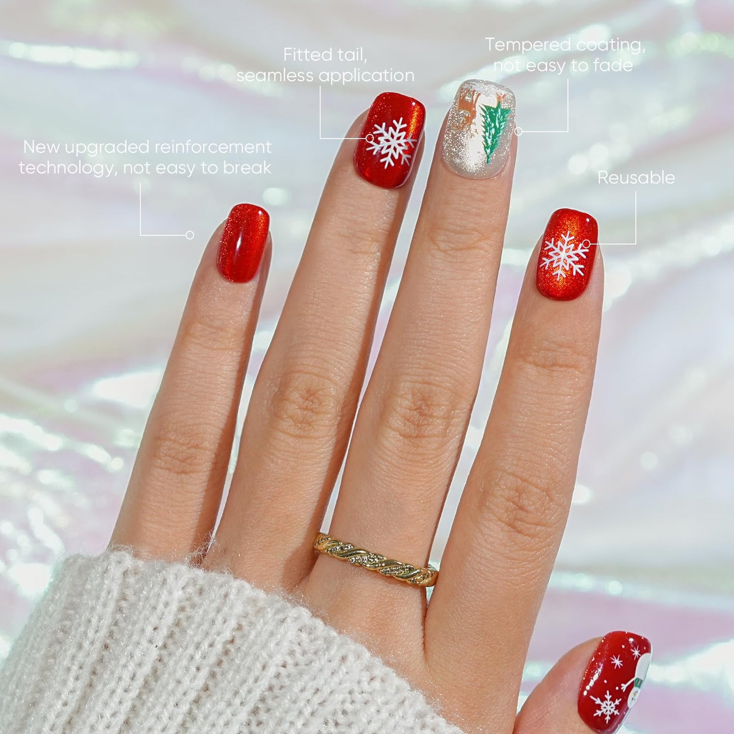 Christmas Press on Nails Short, Jofay Fashion Red Press on Nails, Fake Nails with Snowman, Xmas Tree and Elk Designs, Reusable Acrylic Cat Eye False Nails Glue on Nails Kit 32 Pcs