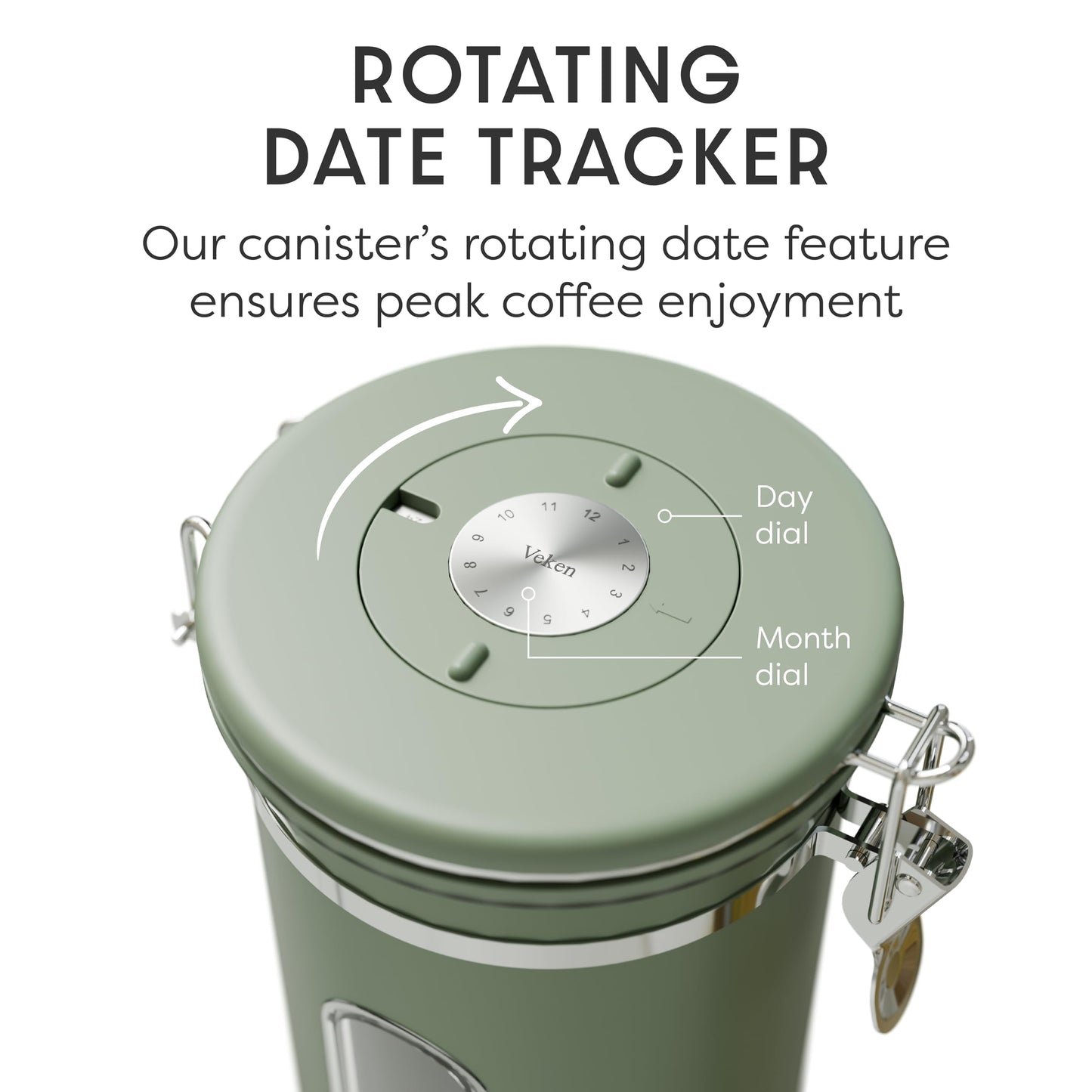 Veken Coffee Canister with Window, Airtight Stainless Steel Kitchen Food Storage Container with Lids, Date Tracker and Scoop for Grounds Coffee, Beans, Tea, Flour, Cereal, Sugar Jars, 22OZ, Green