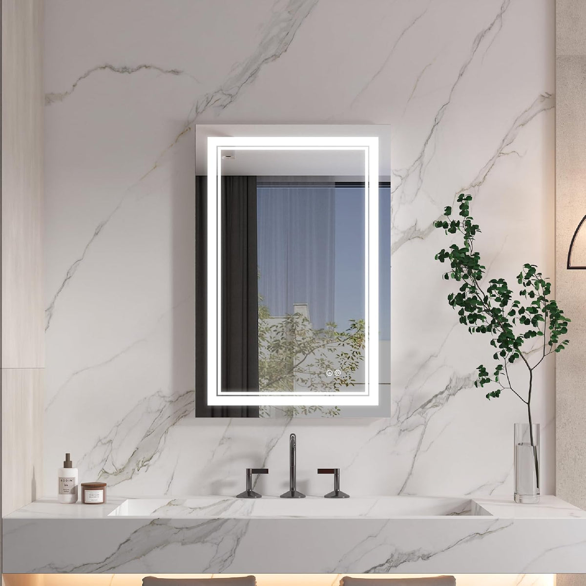 WELLFOR LED Bathroom Vanity Mirror 28 x 36 Inch, Lighted Anti-Fog Dimmable Mirror, IP44 Waterproof Wall Mounted Makeup Mirror, Packed with US Standard Plug and Touch Switch, (Horizontal/Vertical)