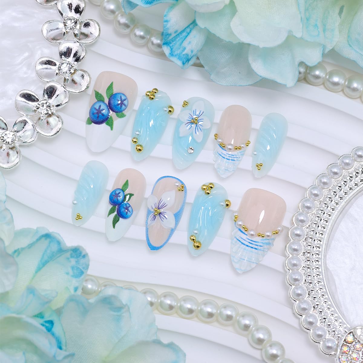 30Pcs Handmade Press on Nails Medium Almond False Nails 3D Ocean Wave Blueberry Floral Shell Design French Tip Fake Nails with Pearls Rhinestones Glossy Full Cover Acrylic Stick on Nails for Women
