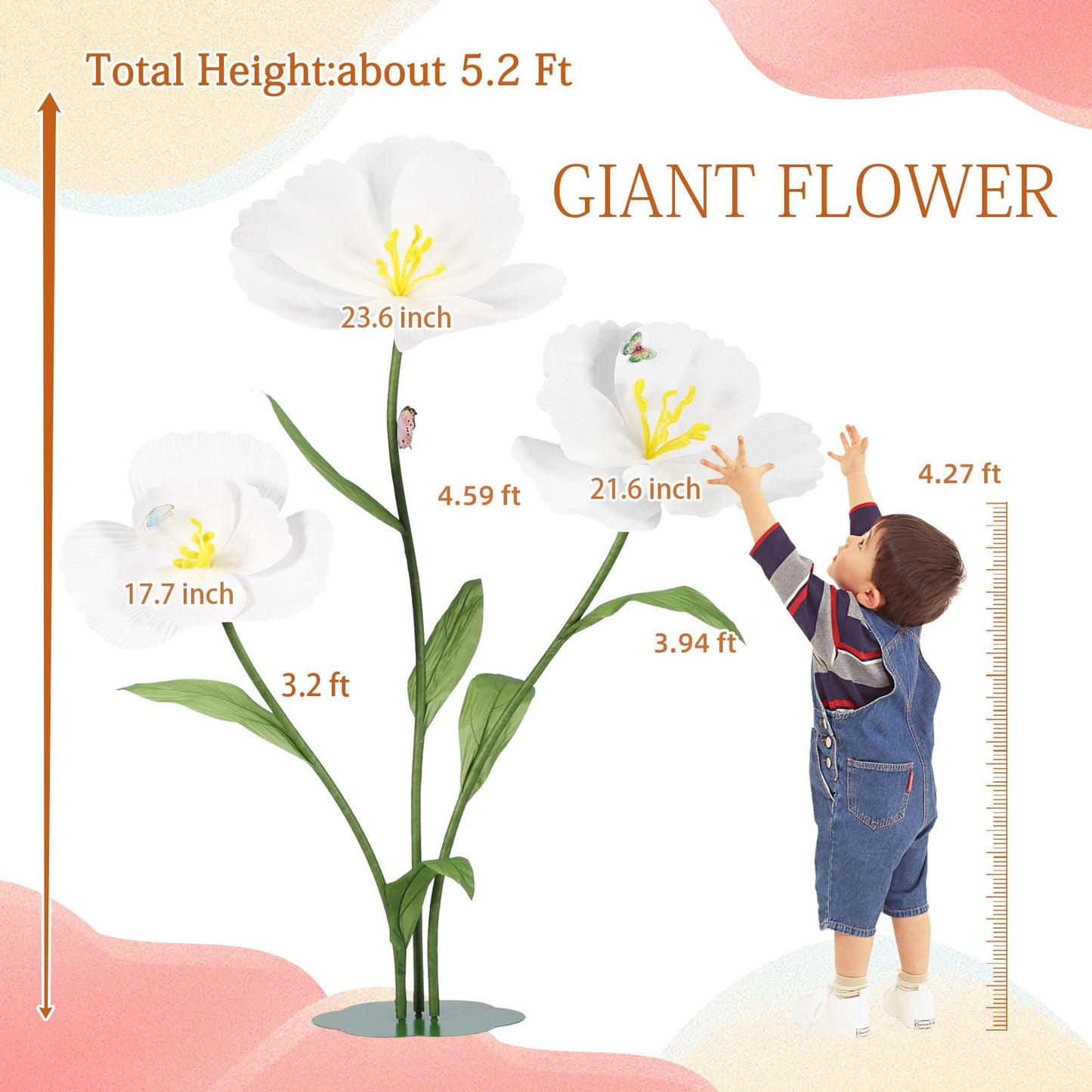 YOFNIRG 3PCS Giant Flowers for Decorations Large Standing Felt Fabric Flower with Stems and Stands for Home Decor,Wedding,Garden,Hotel,Office,Church,Shop Window Display(White)