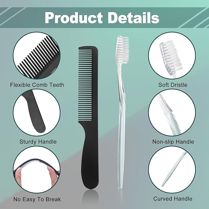 100pcs Disposable Toothbrushes with Toothpaste Floss Comb Individually Wrapped, 4-in-1 Bulk Toothbrush Kit with 2 Color Toothbrush,10g Toothpaste,7 inch Comb, Floss Pick