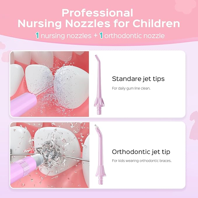 COSLUS Kids Water Dental Flosser Deep Cleaning Picks Portable 4 Modes for Ages 6+ Safe Waterproof Rechargeable with 2 Jet Tips for Gums Care Pink Purple