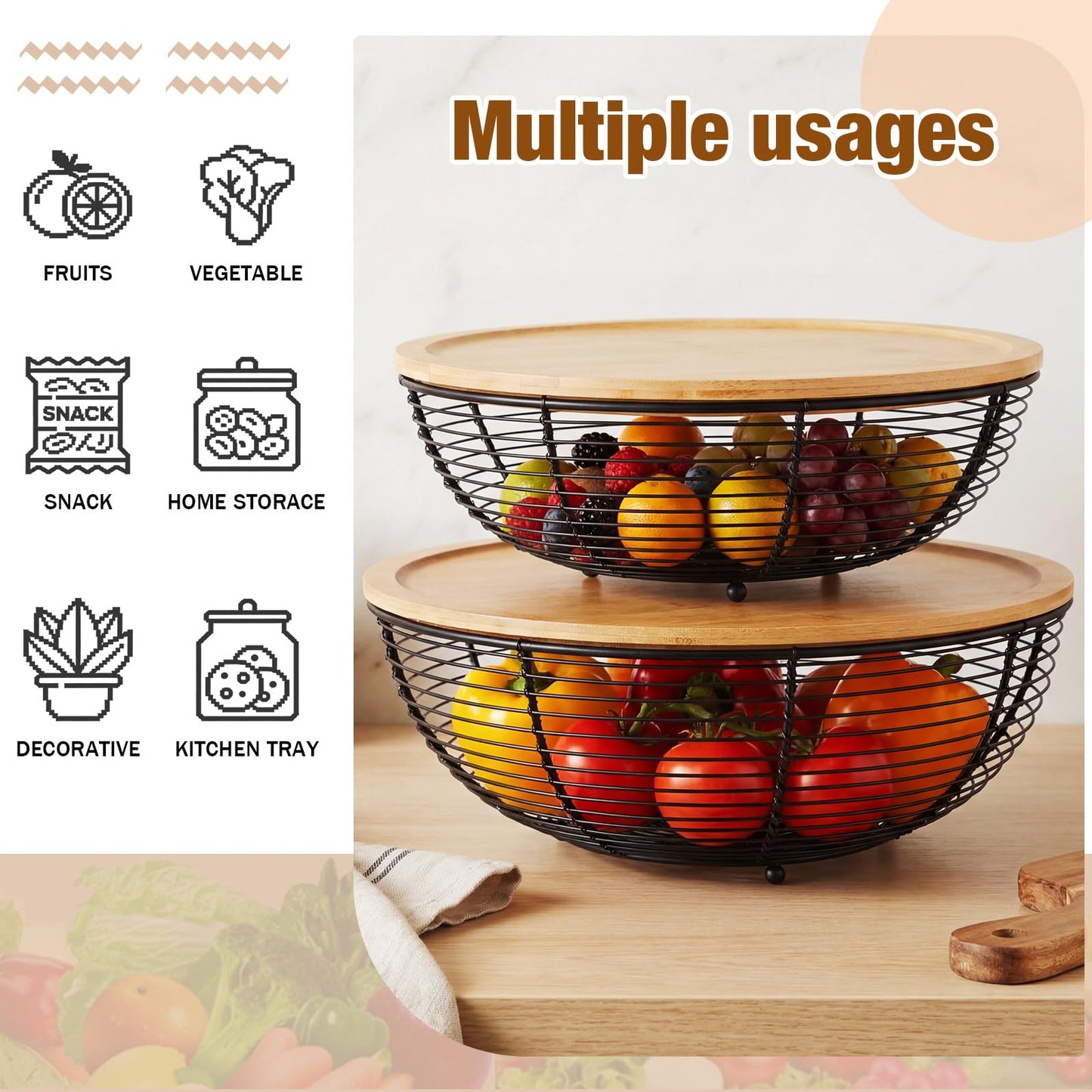 Ferrochef 2 Set Stackable Fruit Basket with Bamboo Lid 11.5 &10.5 Inch Black Metal Wire Large Fruit Bowl for Kitchen Counter Pantry Organizer and Storage for Veggie, Snacks
