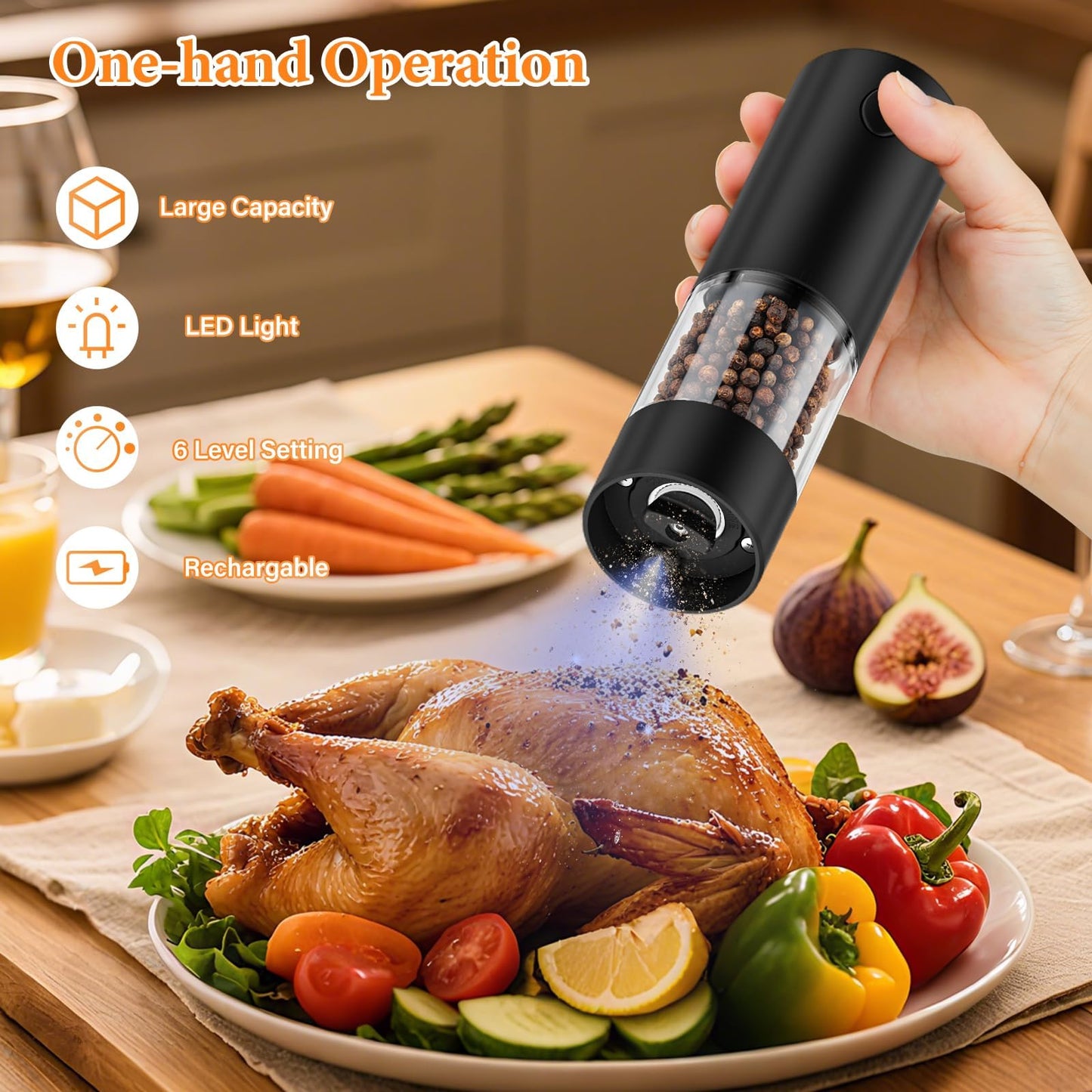 WOWBOX Electric Salt and Pepper Grinder Set 2 PCS, 6-Level Adjustable Coarseness, Rechargeable with LED Light, Large Capacity Multifunctional, for Kitchen, BBQ, Outdoor, Restaurant (Black & White)