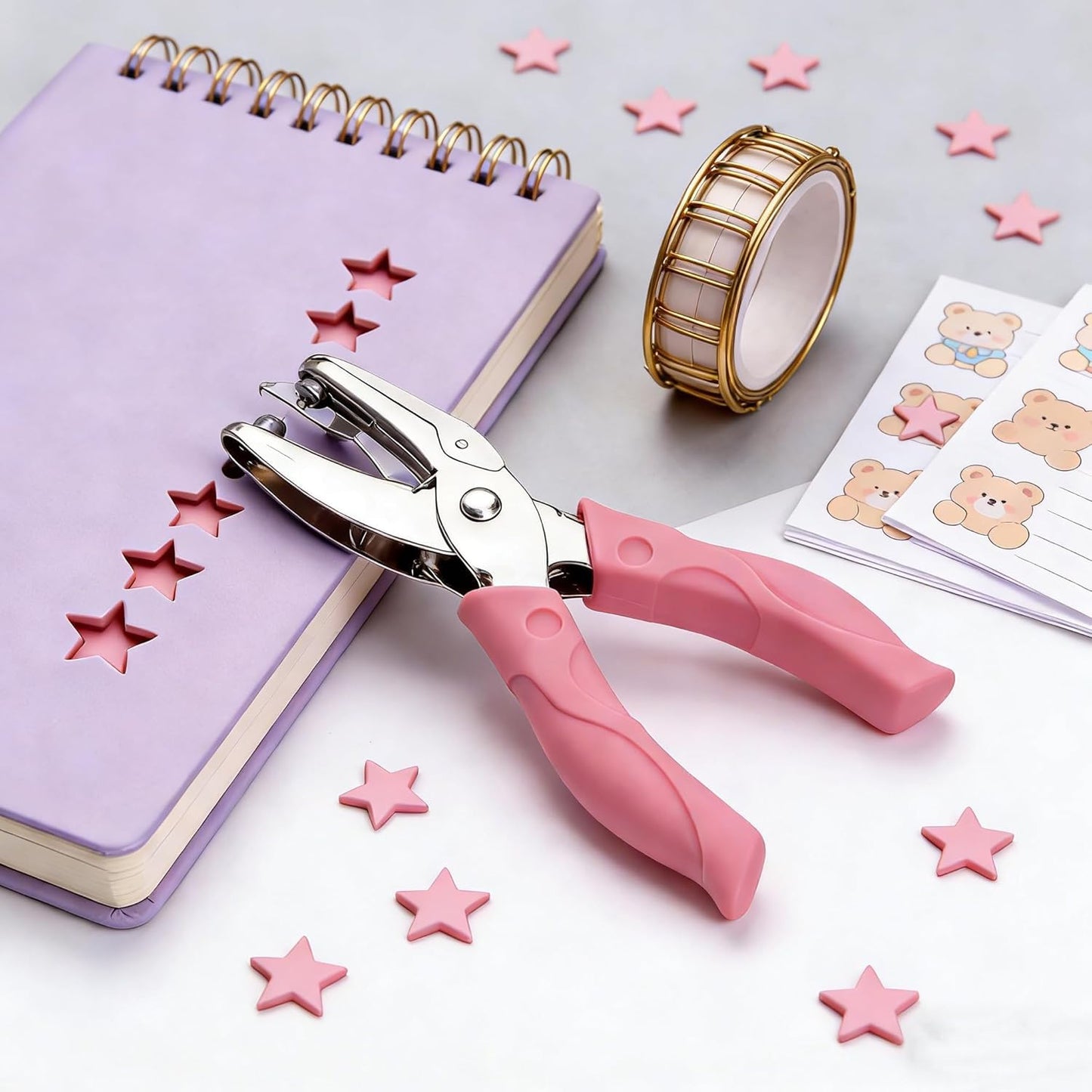 2 Pack Craft Hole Punch Set, Handheld Single Hole Punch with 5mm Star & 5.5mm Heart, Soft Grip Paper Punch for Scrapbooking, Card Making, DIY Crafts, Kids Adults Office Supplies, Pink Green