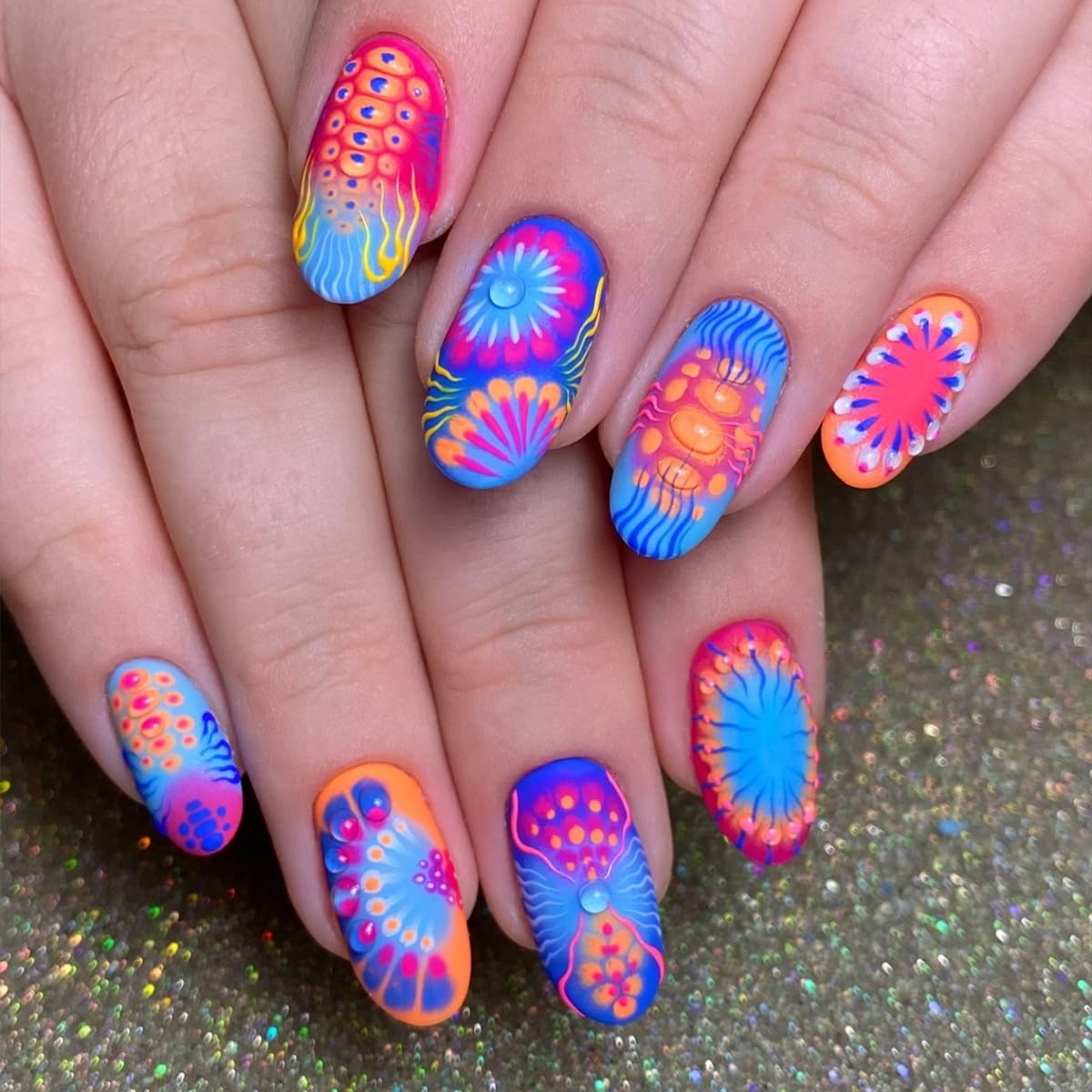plalely Almond Press on False Nails Medium TrippyPress on False Nails Neon Mushroom FloralStick on Nail Tips for Women 24pcs