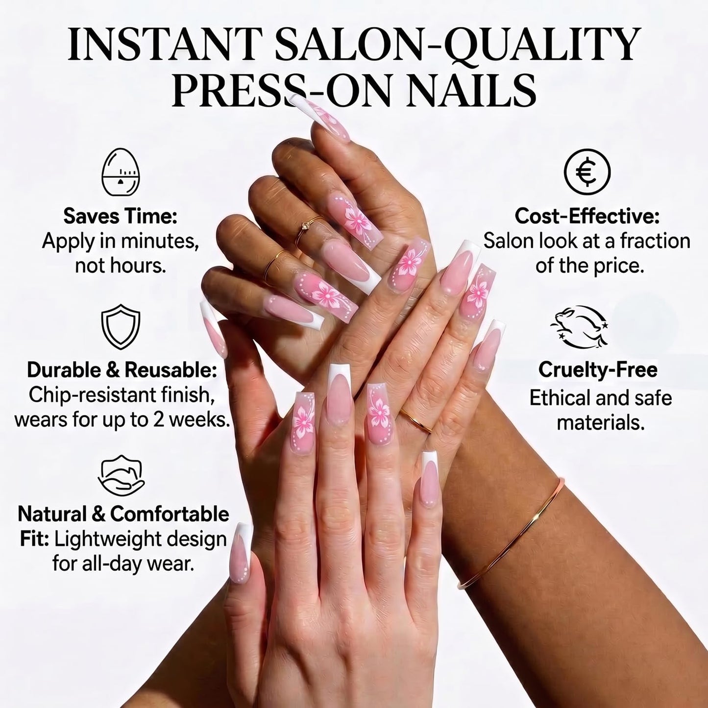 IMSOHOT Square Press on Nails, Long Fake Nails, Pink Blush White Floral French Tip, 24 Pcs Reusable Glue on Nails for Women, Salon Quality