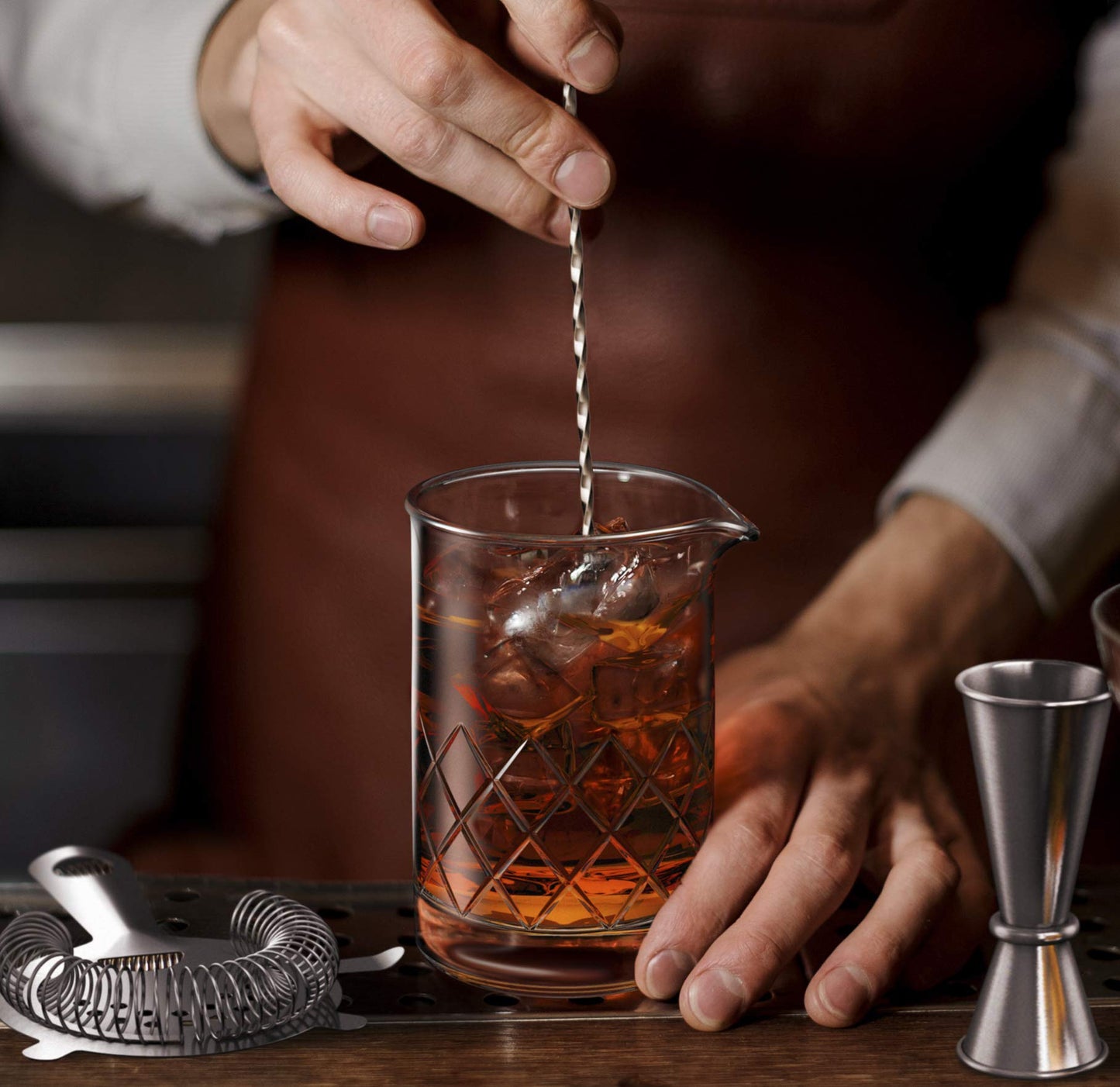 MOFADO. Premium Crystal Cocktail Mixing Glass Set - Bartender Tools/Bar Accessories - Thick Bottom Pitcher/Beaker,Jigger, Muddler, Spoon-4 piece (24 Oz)
