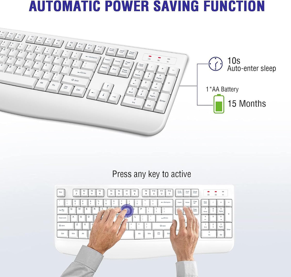 Wireless Keyboard, 2.4G Full-Sized Ergonomic Wireless Computer Keyboard with Wrist Rest for Windows, Mac OS Laptop/PC/Desktop/Notebook (White)