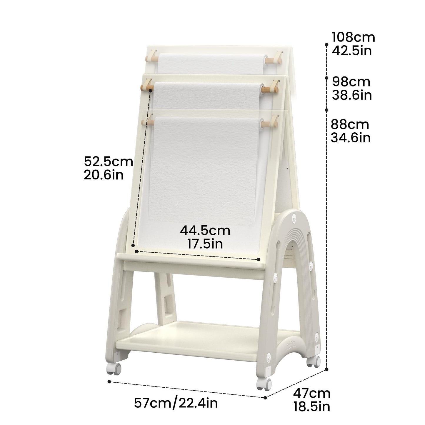 hoopyosms Art Easel for Kids 2-4 with Wheels, Whiteboard, Chalkboard & Paper Roll Adjustable Height 3-in-1 Toddler Easel for 2-4 Year Old Painting Easel for Kids with Storage & Accessories, Grey