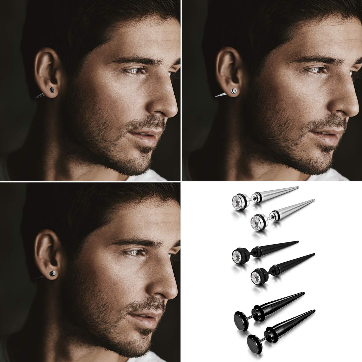 Aroncent 6PCS Men's Stainless Steel Fake Illusion Tunnel Cheater Piercing Jewelry Stud Earrings Set