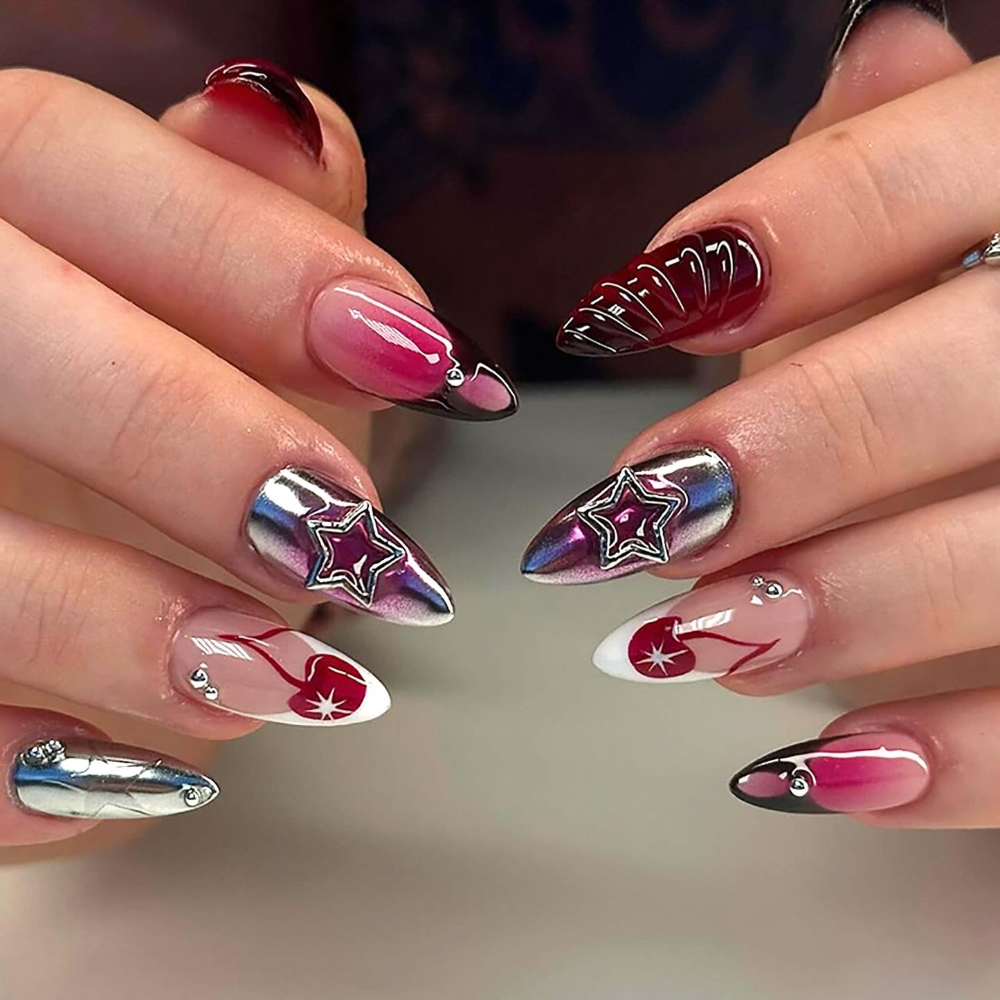3D Star Charms Press on Nails Blush Gradient Fake Nails with French Tip Design Long Almond Full Cover False Nail for Women