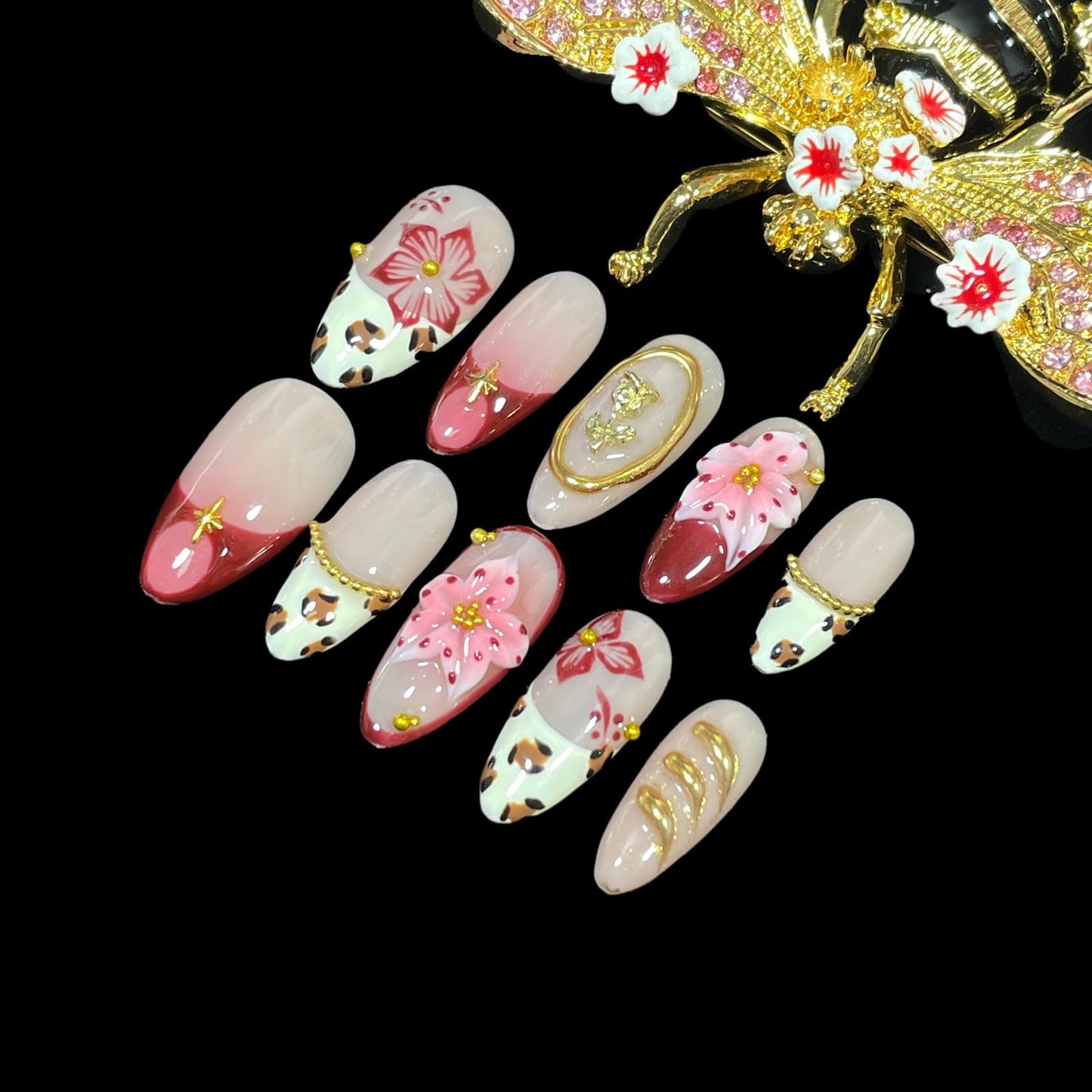 Handmade Press on Nails, Medium Almond Shape, 3D Floral Design with Gold Accents, Leopard Print Acrylic False Nails (Gilded Feline, L)