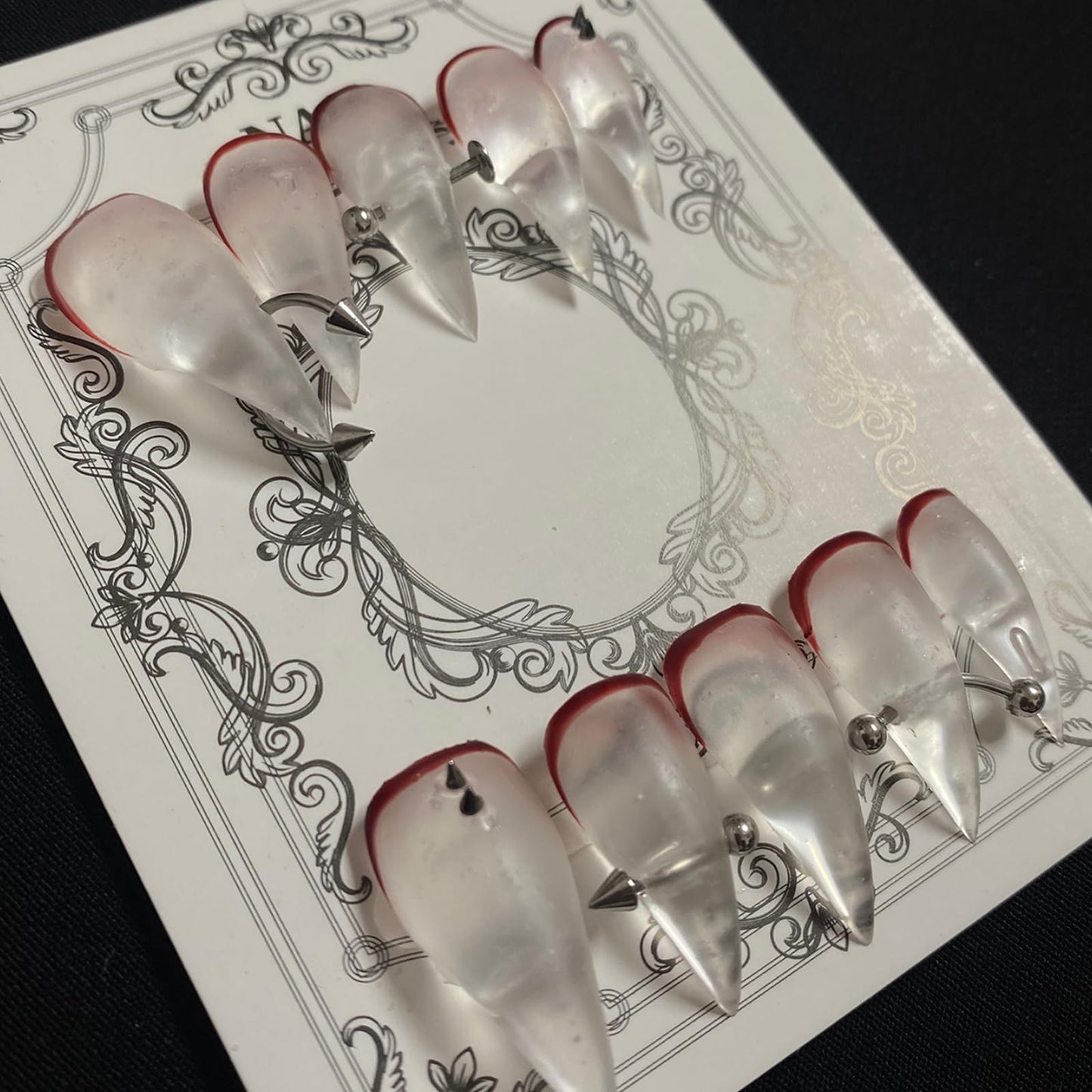 Luxury Press on Nails Medium Stiletto Handmade Eagle Claw Unique Reusable ABS Material White Fake Nails Dragon Cat Claw False Nails with Rivet Designs Glossy Glue on Nail Curved Thick Acrylic Nail(M)