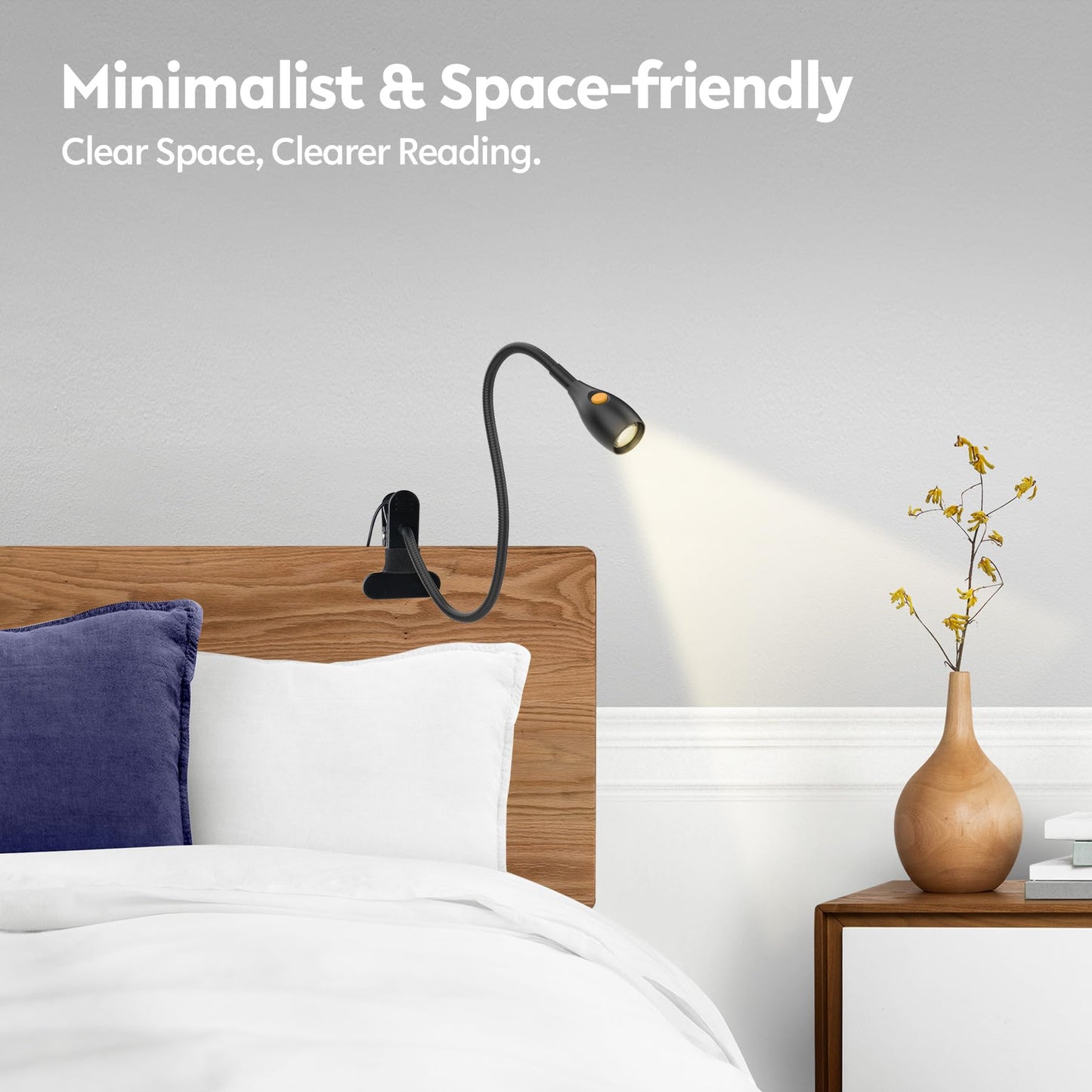 acegoo Minimalist Reading Light for Bed Headboard Dimmable Book Light Clip on Lamp with USB-C Adapter, Flexible Neck & Handy Lamp Head Switch, CRI 90+