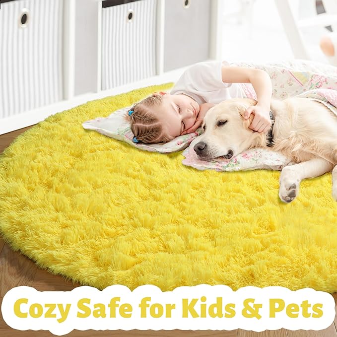 Amdrebio Yellow Circle Round Rug 6Ft for Living Room Bedroom, Fluffy Fuzzy Shag Furry Area Rugs for Baby Kids Room Decor Aesthetic, Cute Plush Kawaii Carpet for Classroom Nursery Teen Girls Boys