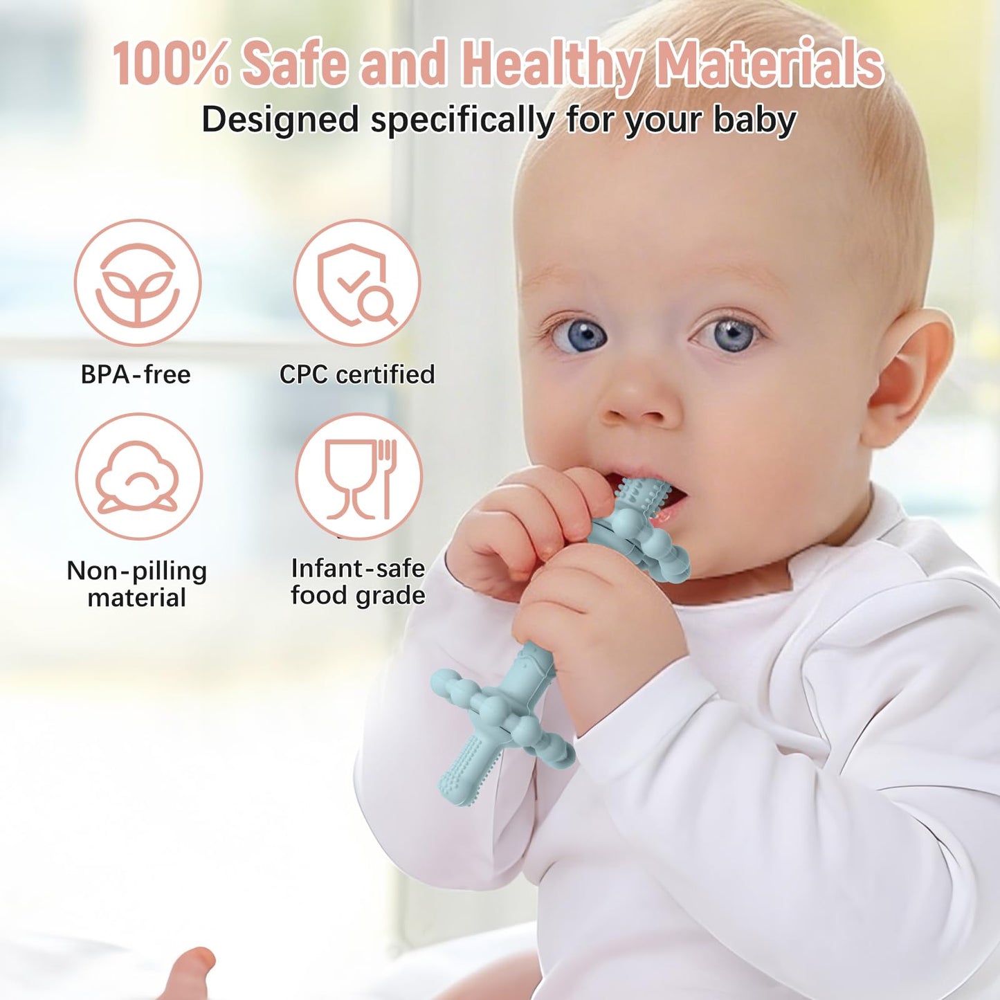 4 Pack Teething Toys for Babies 0-3 3-6 Months – Anti-Choking Design,Teething Relief for Infant Straws Sticks 6-24 Months, Baby Toddlers Silicone teether Tubes