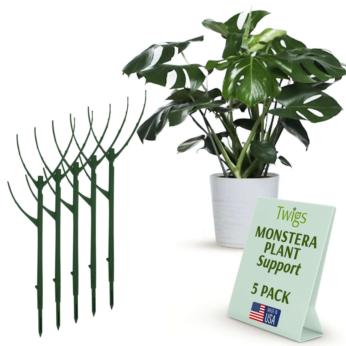 Twigs GA - Stackable Monstera Plant Support Stakes, Climbing Support for Indoor & Outdoor Use, Plant Accessories, Aesthetic Alternative to Moss Poles & Trellises – Monstera Green, 5 Pack, 17" L