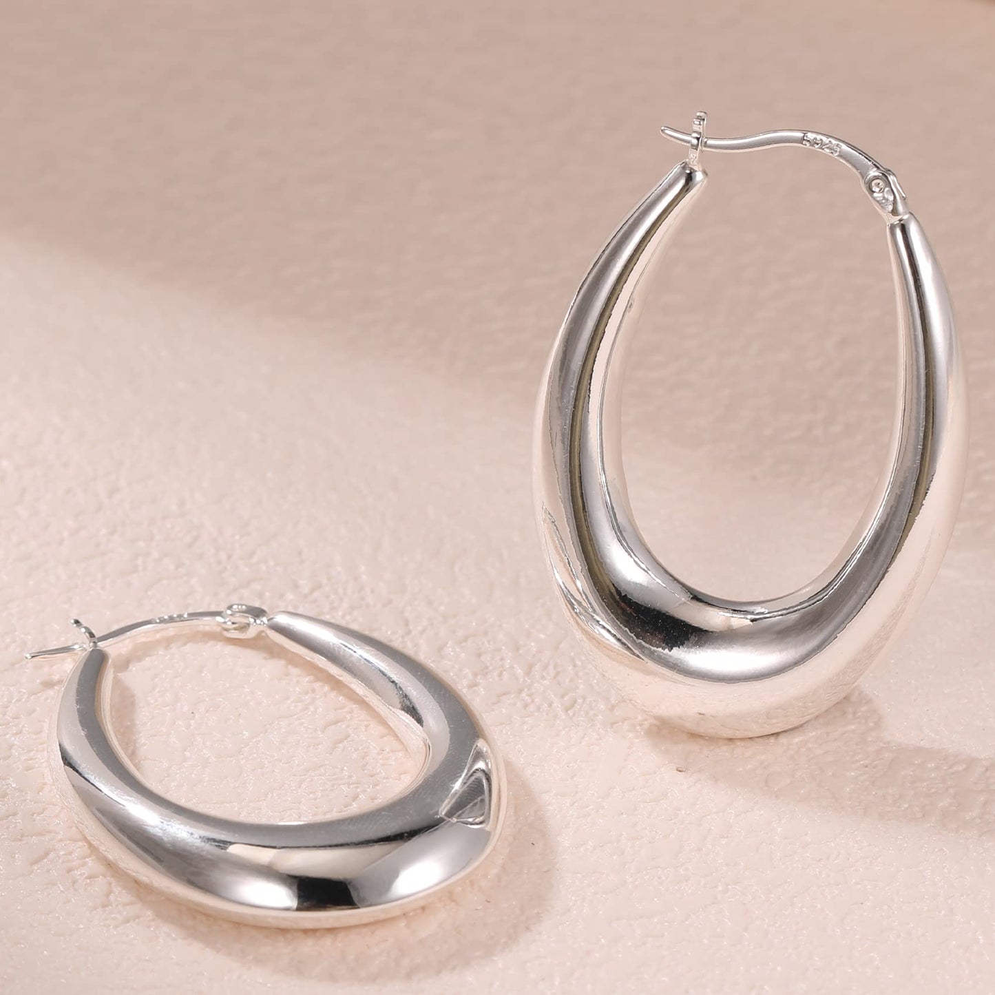 PABBEU Sterling Silver Chunky Oval Hoop Earring, 38mm, 925 Metal Type, Hypoallergenic, for Women