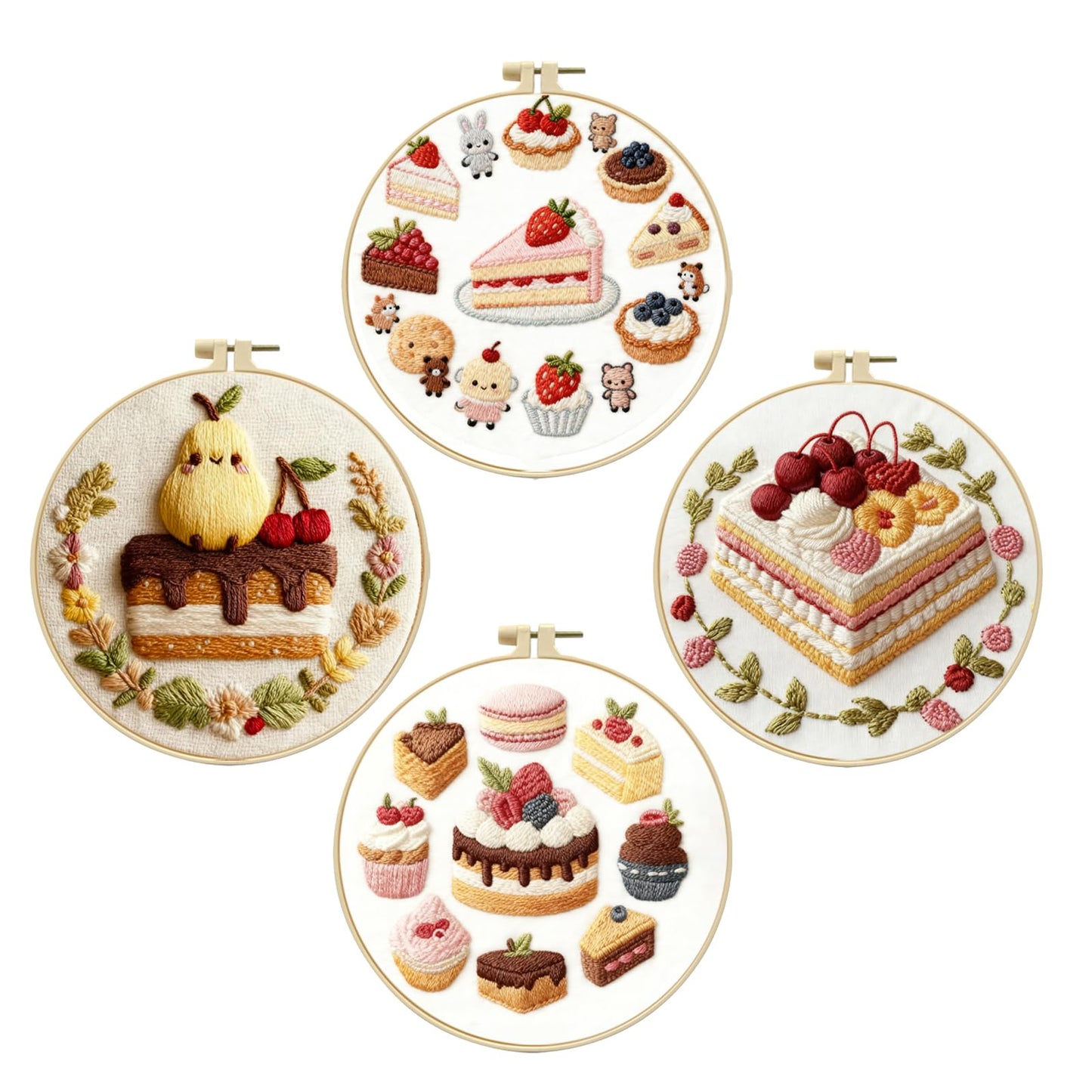 Embroidery Set for Beginners, 4 Sets Cake Fruit Beginner Embroidery Kit for Adults, Includes Embroidery Clothes with Pattern, Hoop, Instruction Manual, Color Stitch Set