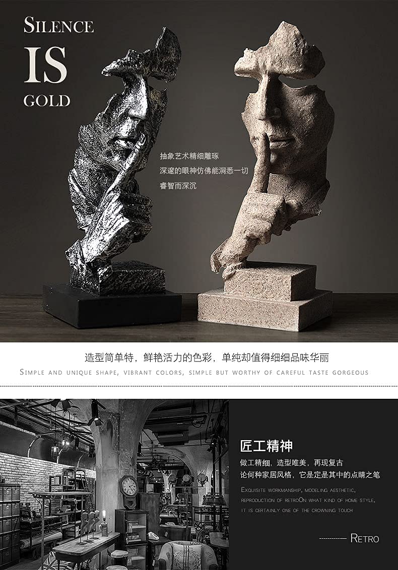 Scekackdv Silence is a Golden Statue Modern Mens Creative Office Home Room Decorations Sculpture Friends Bookshelf Decorative 4.7 x 4.3 x 13.18in(Silver) Modern Home Décor