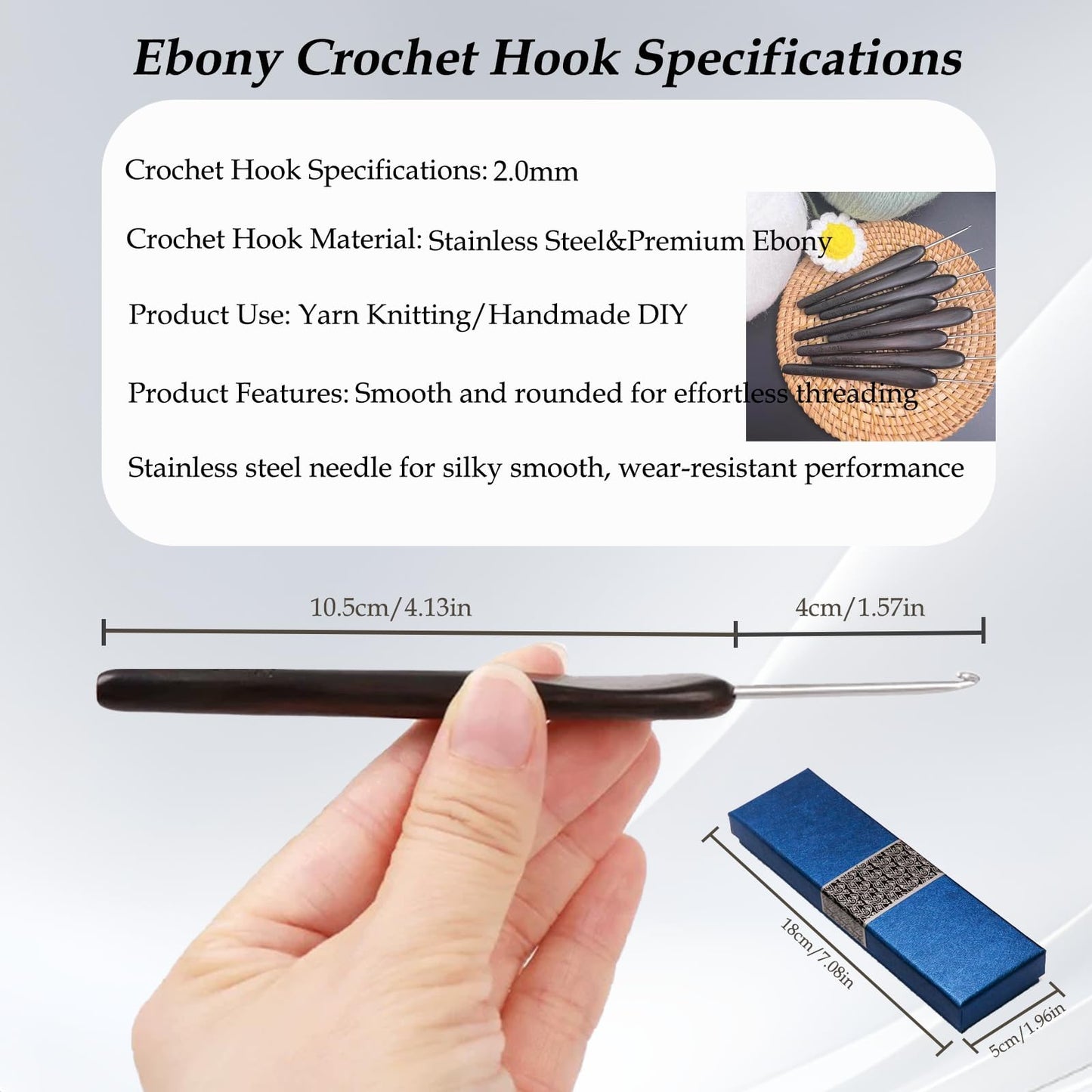 Yarniss 2.0 mm Ergonomic Crochet Hook with Ebony Wood Handle, Hand-Polished Stainless Steel Crochet Needle, Comfortable Crochet Tools with Gift Box