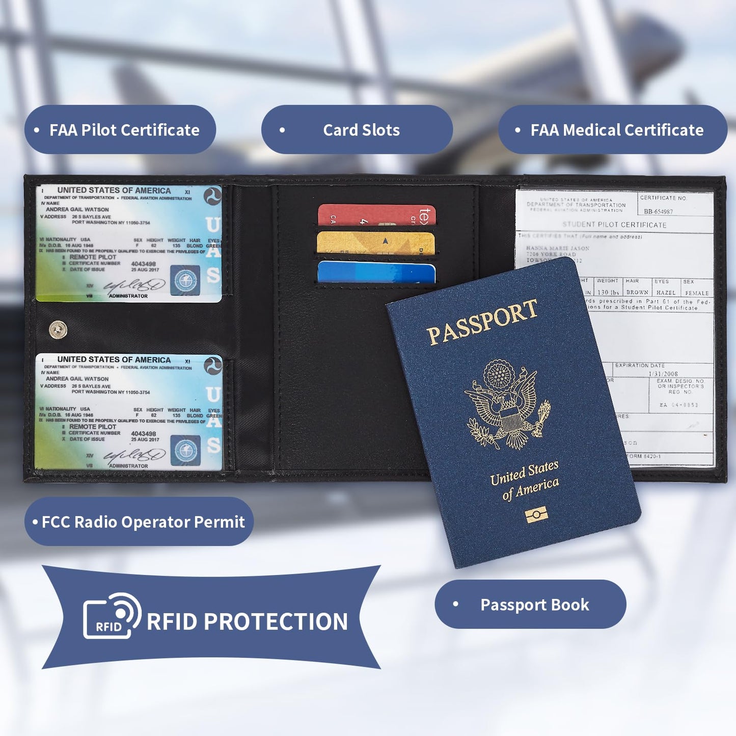 Pilot Wallet Passport Holder for Travel - RFID Blocking Genuine Leather Travel Document Holder with Gift Box Passport Wallet for Pilots Men and Women