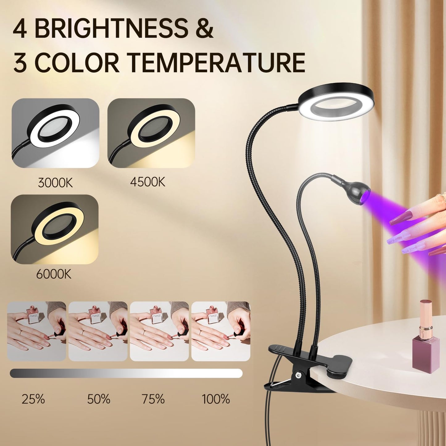 AORAEM LED UV Nail Lamp: Double-Headed Gooseneck UV Lamp for Gel Nails, LED Flash Cure Lamp with 6X Magnifier Home DIY Salon, Black
