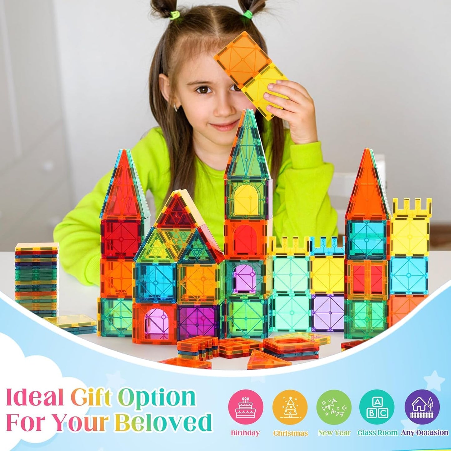 OugerToy 104PCS Magnetic Tiles STEM Building Blocks for Kids Ages 3-9, Educational Stacking Toys with Car Bases, Creative Construction Gift for Boys Girls