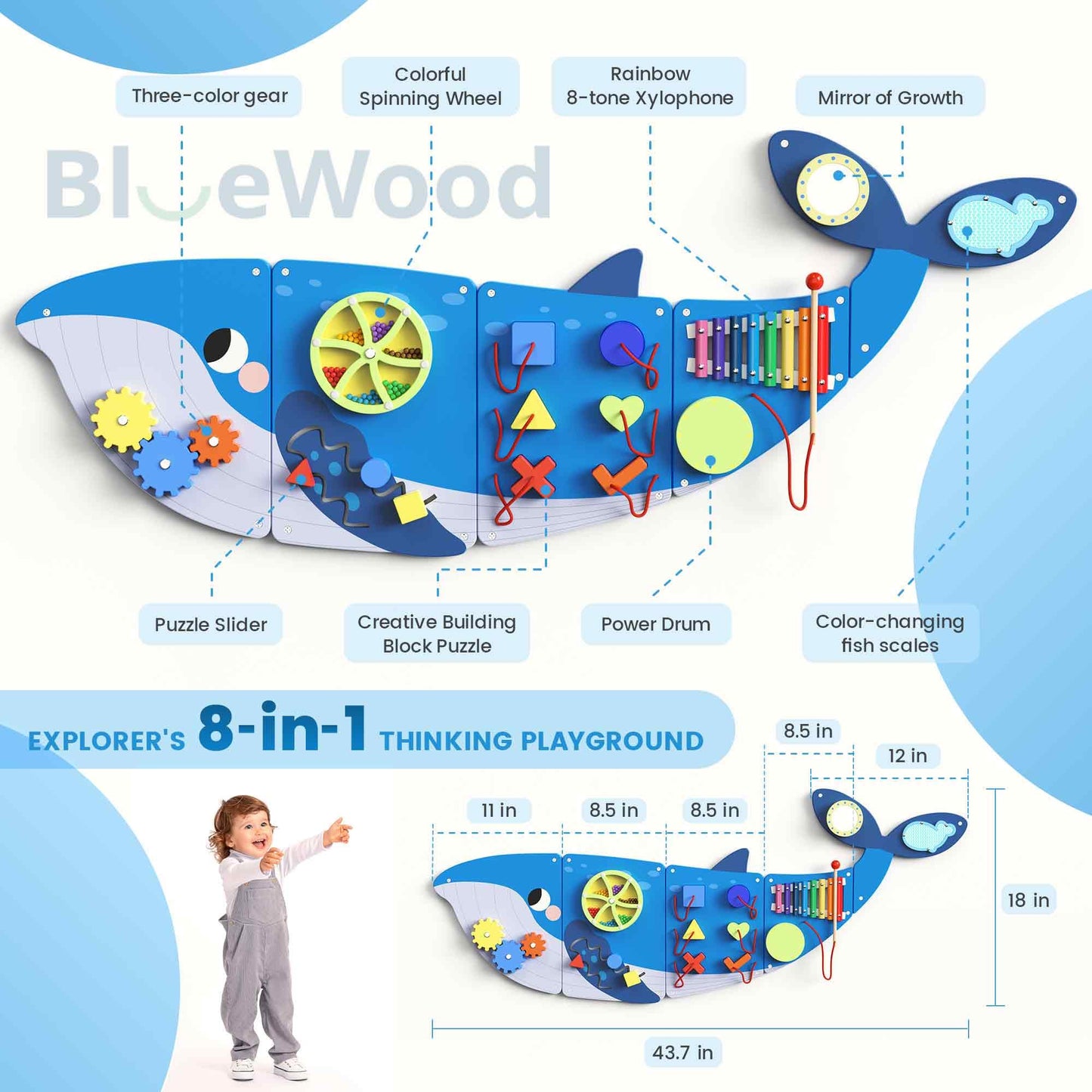 BlueWood Wooden Wall Busy Board Panels, Toddler Learning Activity Center, Montessori Philosophy Sensory, Educational Toys, Conducive to All-Round Development - Whale