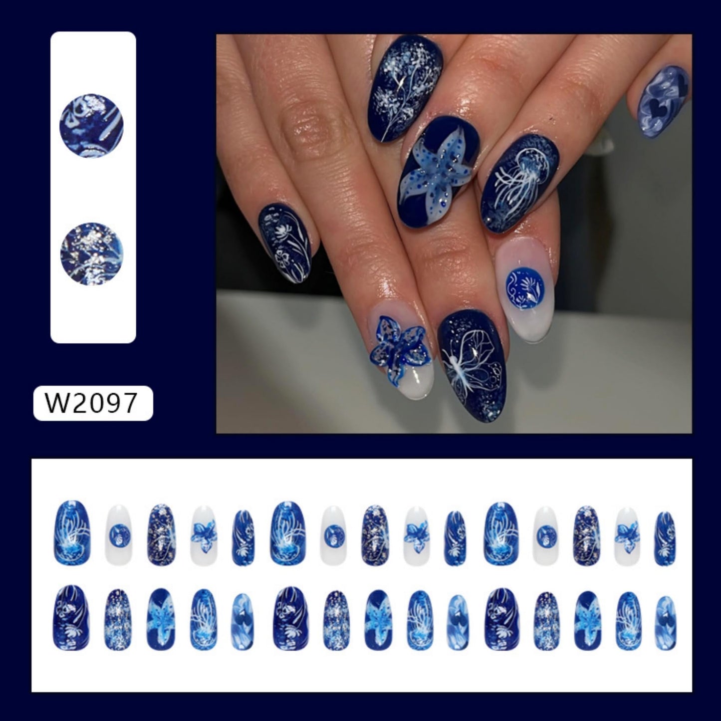 octoswave Blue Press on Nails Almond Fake Nails Medium Artificial Nail 3D Starfish Stick on Nail for Women 30pcs