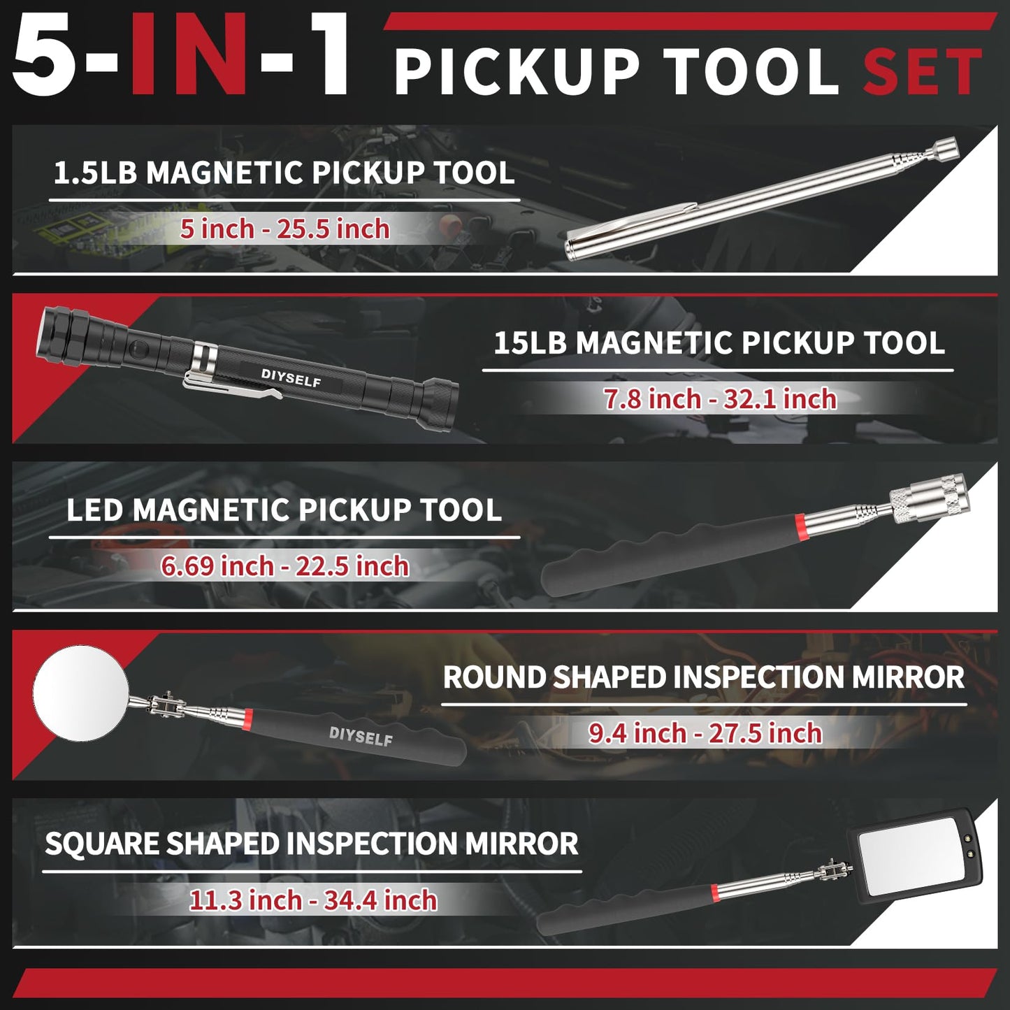 DIYSELF Magnetic Pickup Tool, Telescoping Magnet Stick, LED Flashlight, Flexible Magnetic Pickup Tool, Extendable Magnet Tool for Mechanics, Auto, Inspection Mirror, Cool Gadgets for Men, Gift for Him