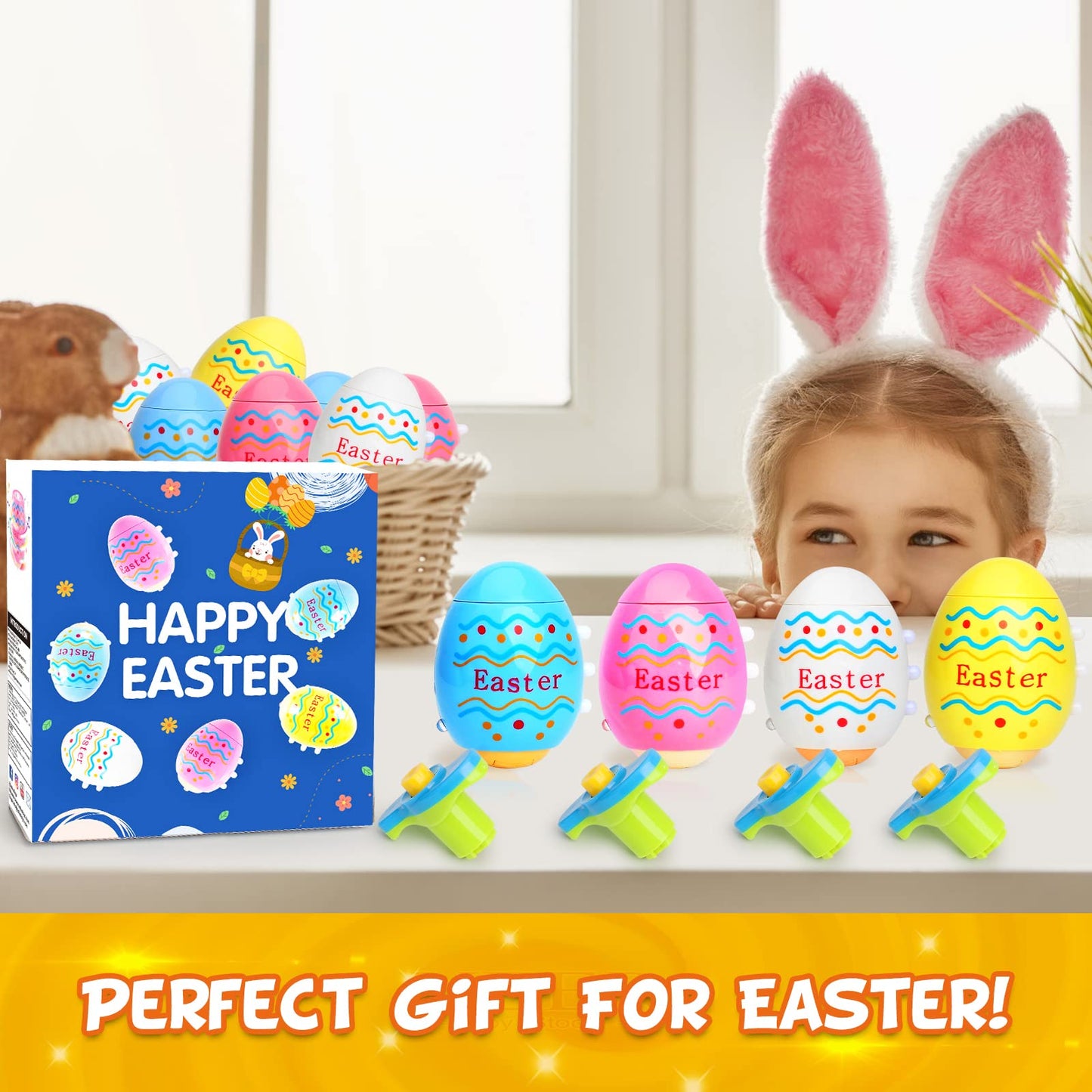 Light Up Easter Egg Toy Gifts for Kids, 6 Pack Easter Egg Spinning Tops with Flash & Music, Egg Fillers Essentials for Children, Glow in The Dark Hunt Prizes Goodie Bag Toys Party Favors