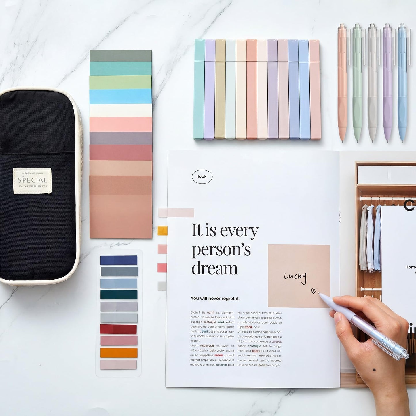 Jutom 39 Pcs Aesthetic Book Annotation Kit Highlighter with Pencil Case Bag Gel Pen Transparent Sticky Note Taking Bible Study College School Supplies(Black,Cute Style)