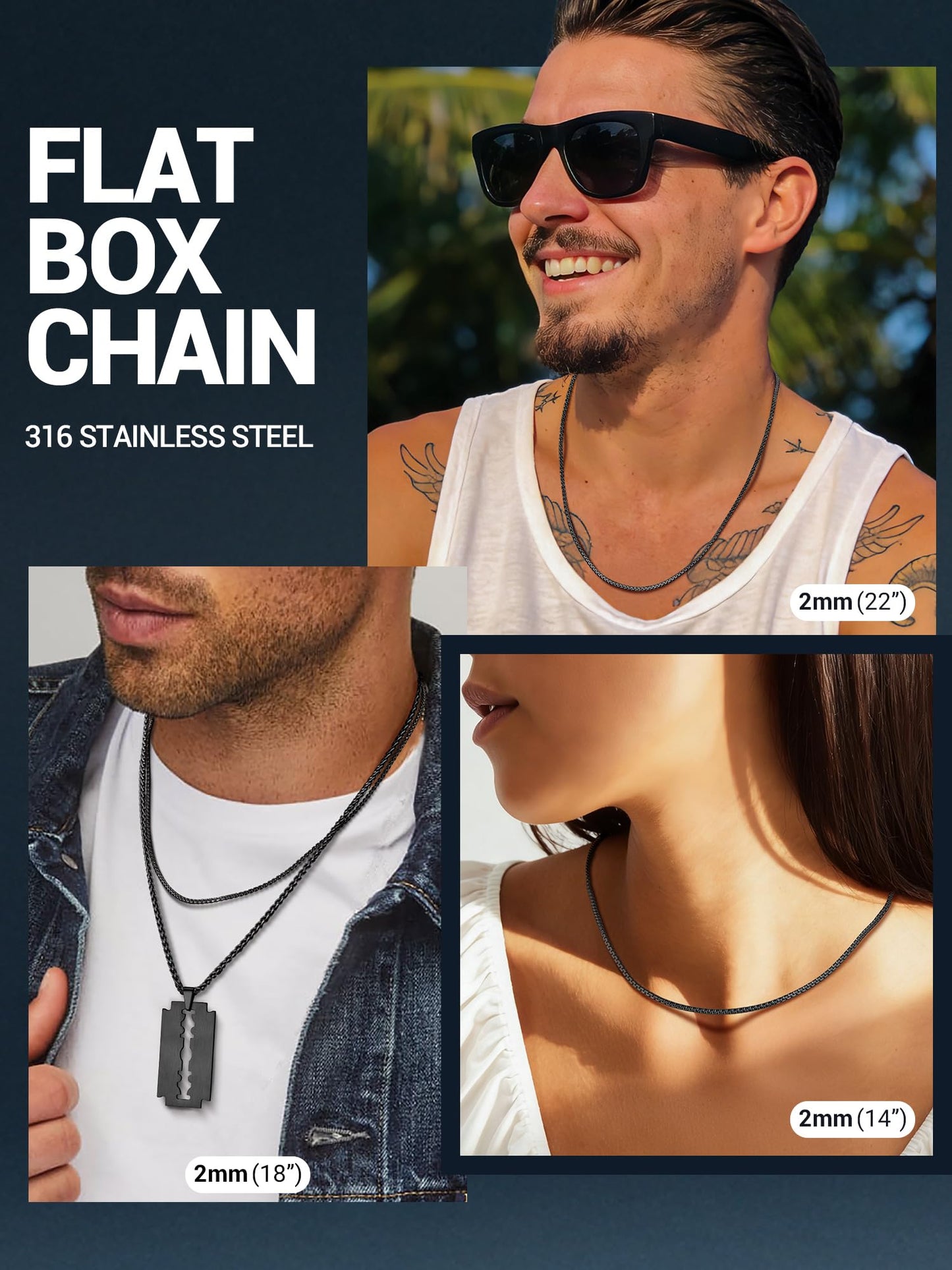 PROSTEEL Black Necklace for Men 2mm Thin Chain No Tarnish Layered Long Necklace 28inch