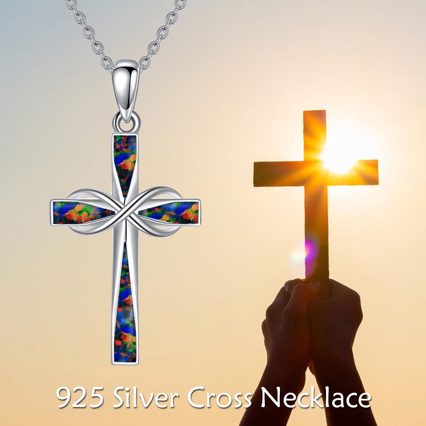 ONEFINITY Infinity Cross Necklace 925 Sterling Silver Black Fire Opal Pendant Necklace Cross Jewelry Gifts for Women Men