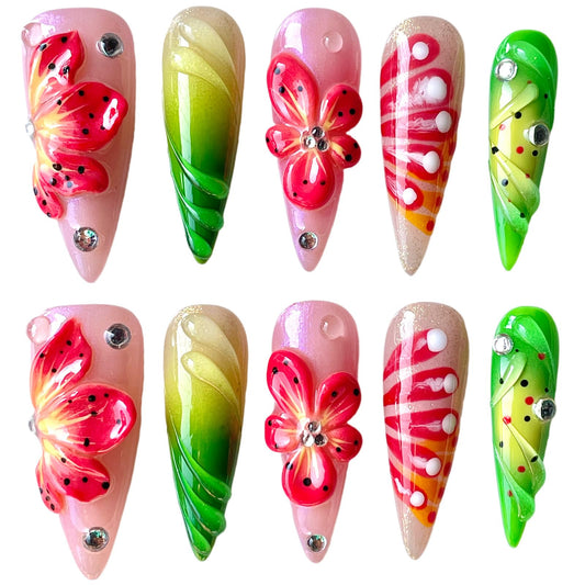 Handmade Press On Nails, Stiletto Shape, 3D Floral Botanical Muse Art, Vibrant Multi-Color Design, Thick Acrylic Fake Nails Set Tropical (L)