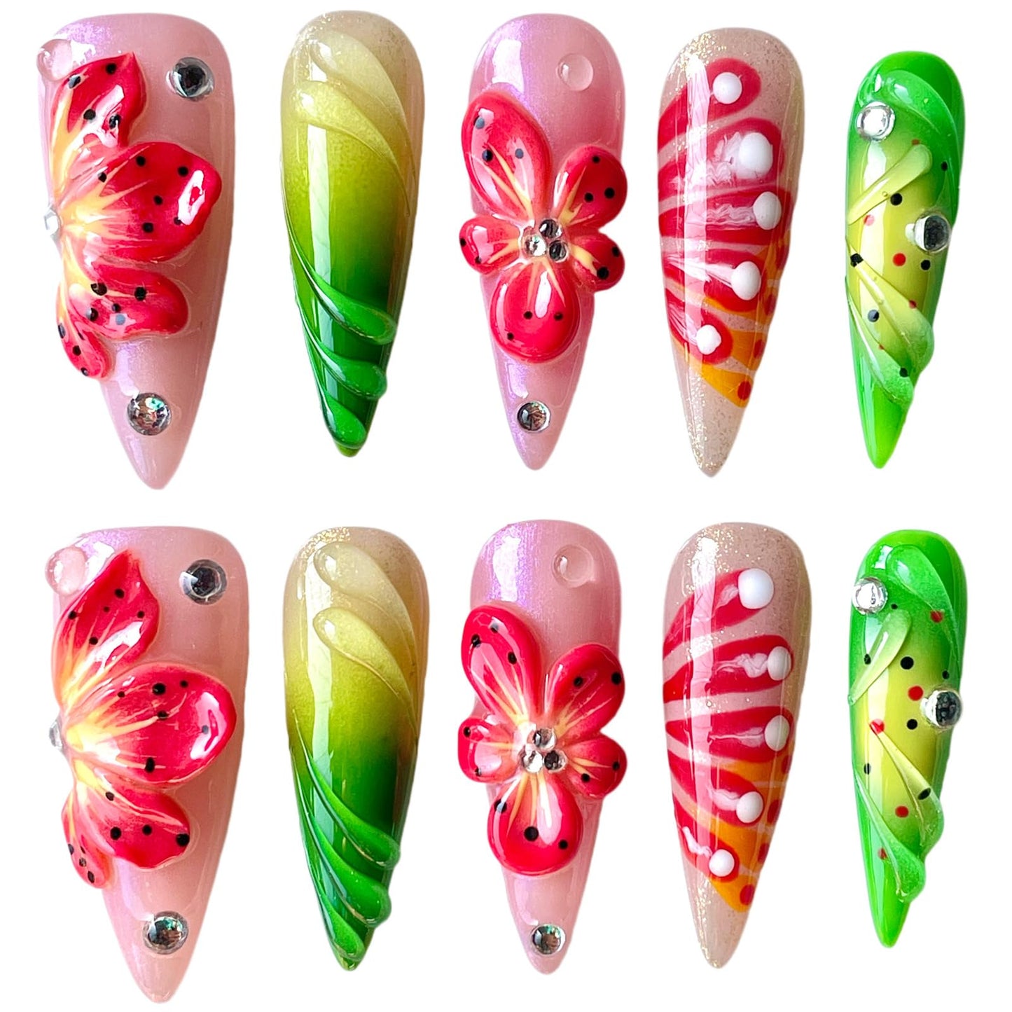 Handmade Press On Nails, Stiletto Shape, 3D Floral Botanical Muse Art, Vibrant Multi-Color Design, Thick Acrylic Fake Nails Set Tropical (M)