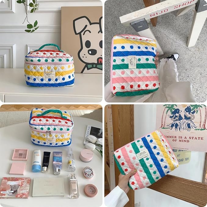 Makeup Bag Travel Essentials Quilted Cosmetic Toiletry Pouch Organizer Insert for Women Dorm Room Essential Gift Large Capacity Opening Lightweight Cute Aesthetic Portable 2PCS (Colorful Dots)