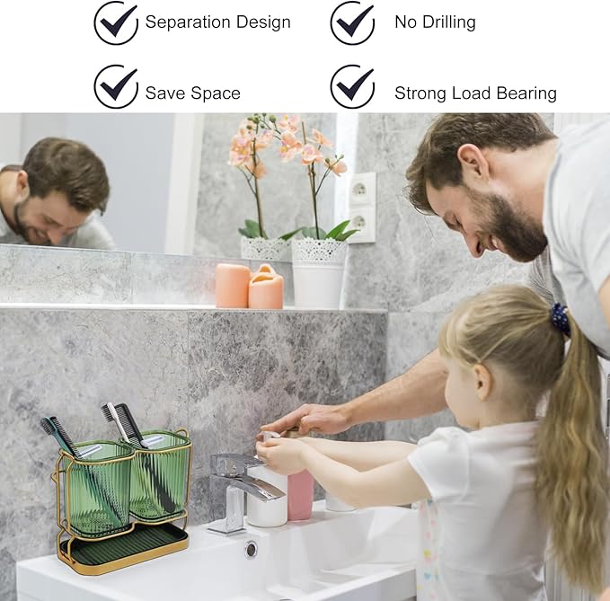 Green Toothbrush Holders for Bathrooms, Toothbrush Holders with Drain Tray, 2 Cups Tooth Brushing Holder, Bathroom Organizers and Storage Caddy Countertop for Toothpaste, Razors, Toothbrush