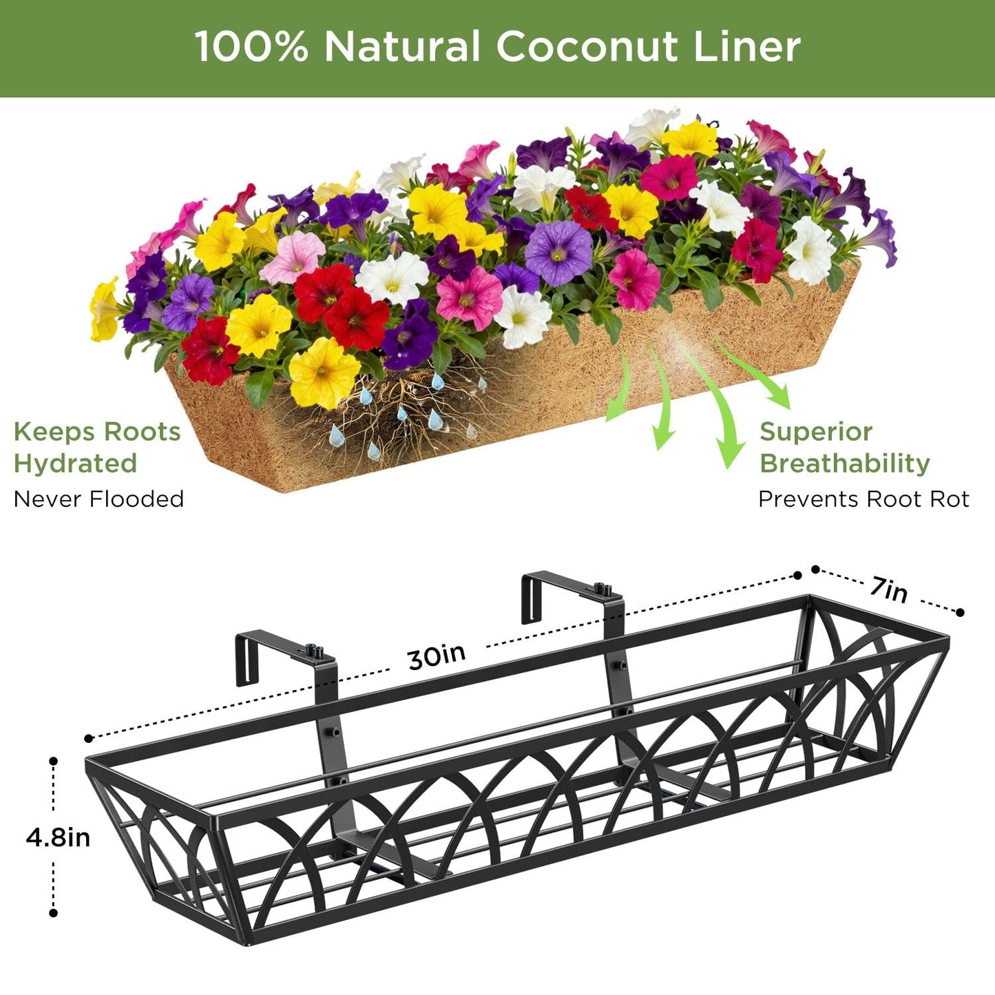 LAWYAMAI 30 Inch 4 Pack Railing Planter with Adjustable Brackets, Window Box with Coco Liner, Hanging Metal Flower Box for Balcony Deck Fence Porch, Black